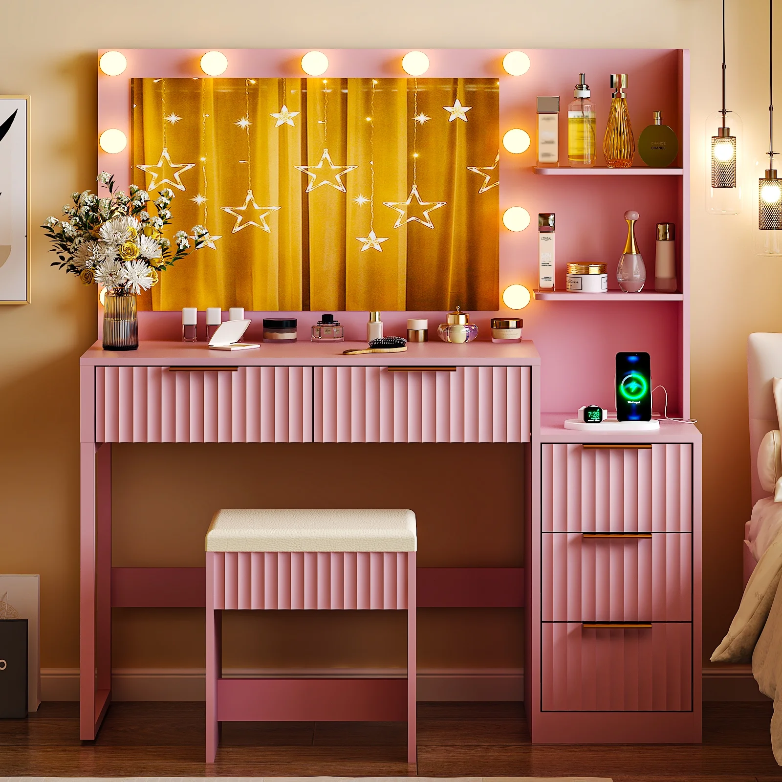 Ktaxon Flutted Makeup Vanity Table Set with 5 Drawer, Dressing Table w/Charging Station, Vanity Desk for Femal Gift, White