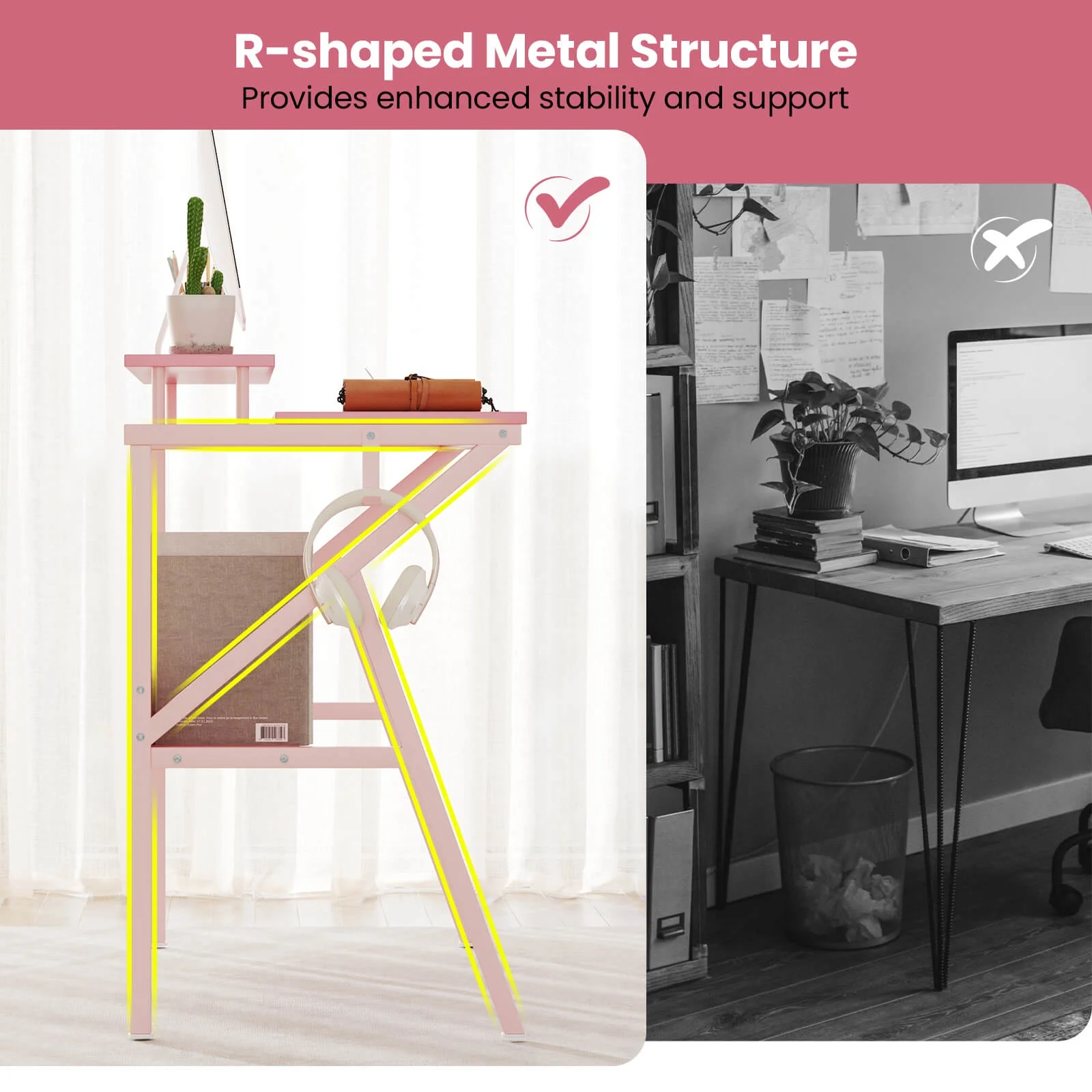 Costway Home Office Desk with Monitor Stand, Open Shelf & Metal Frame, Earphone Hook White
