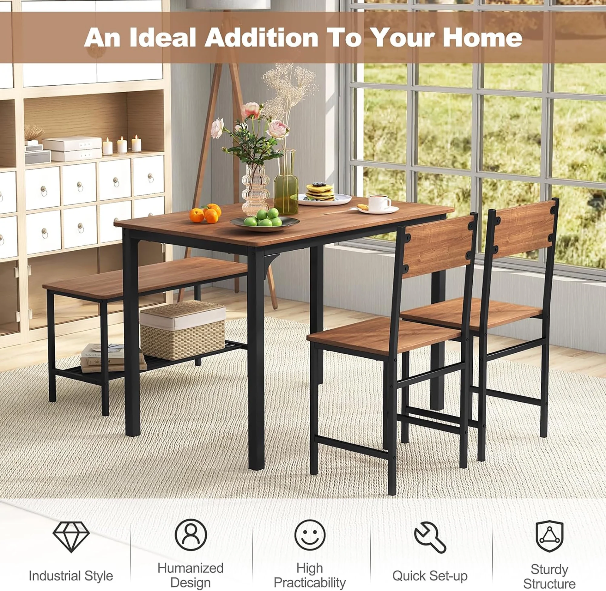 Gymax 4pcs Dining Table Set Rustic Desk 2 Chairs & Bench w/ Storage Rack Grey