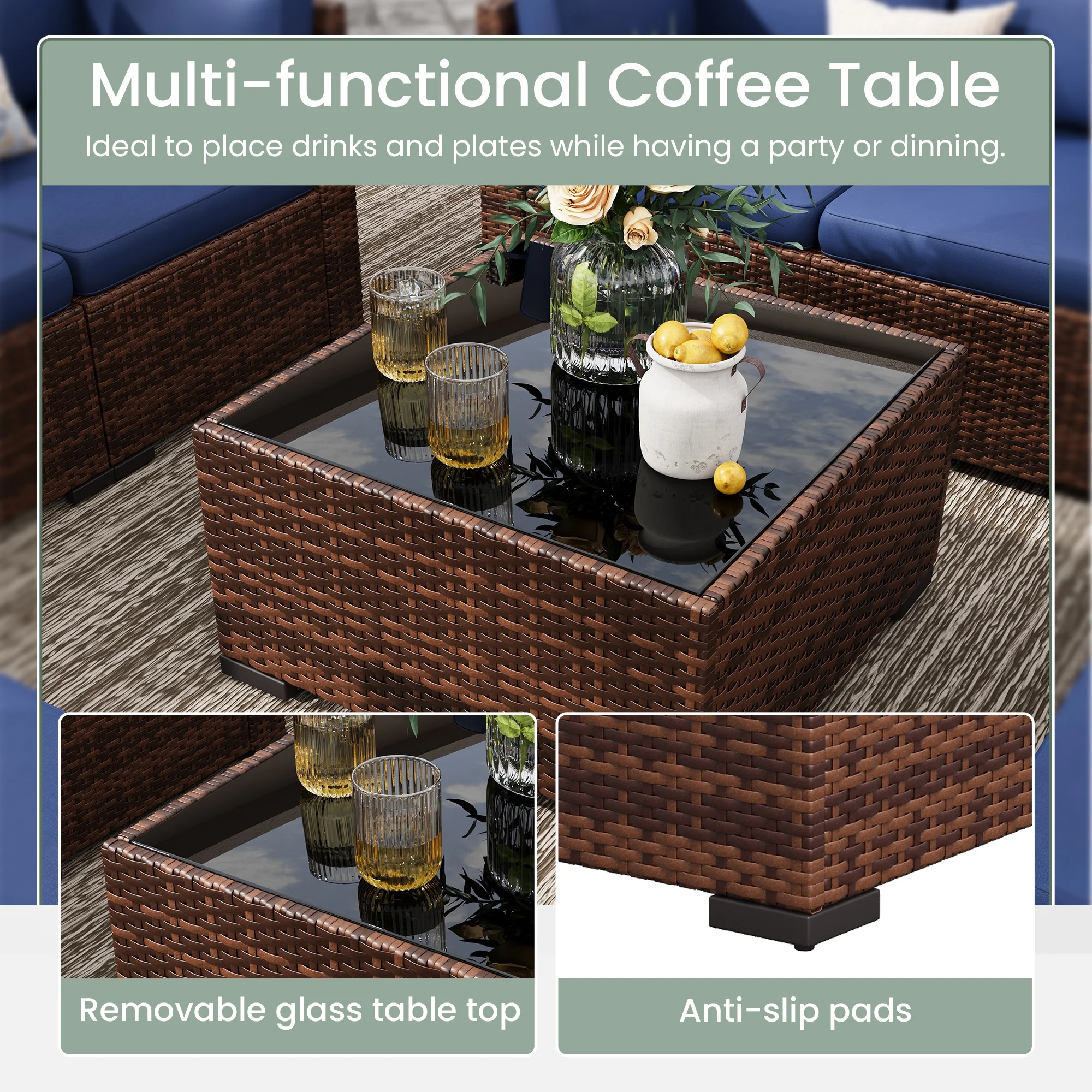 Poteban 7 Pieces Outdoor Sectional Sofa Set , PE Wicker Rattan Slanted Back Outdoor Conversation with Cushions and Glass Coffee Table for Backyard Garden, Dark Gray