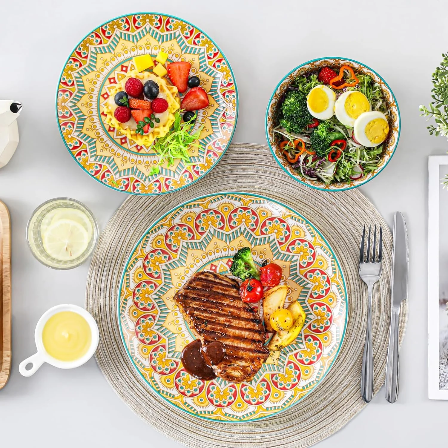 Mandala12 Pieces Dinnerware Sets, Porcelain Dinner Set for 4, Boho Plates and Bowls Set, Colorful Dish Sets