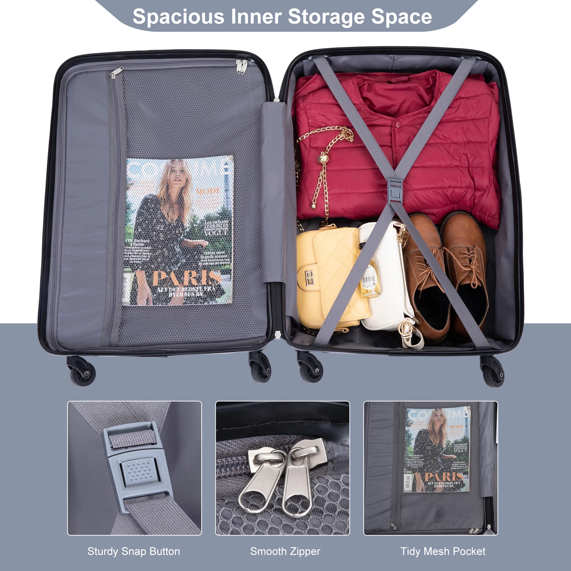 PAPROOS Hardside Luggage Set, 3 Piece 21in 25in 29in Carry on Suitcases Set with 2 Hooks and TSA Lock, Modern Lightweight Luggage Set, Hardshell Expandable Suitcase Set for Family Travel, Black