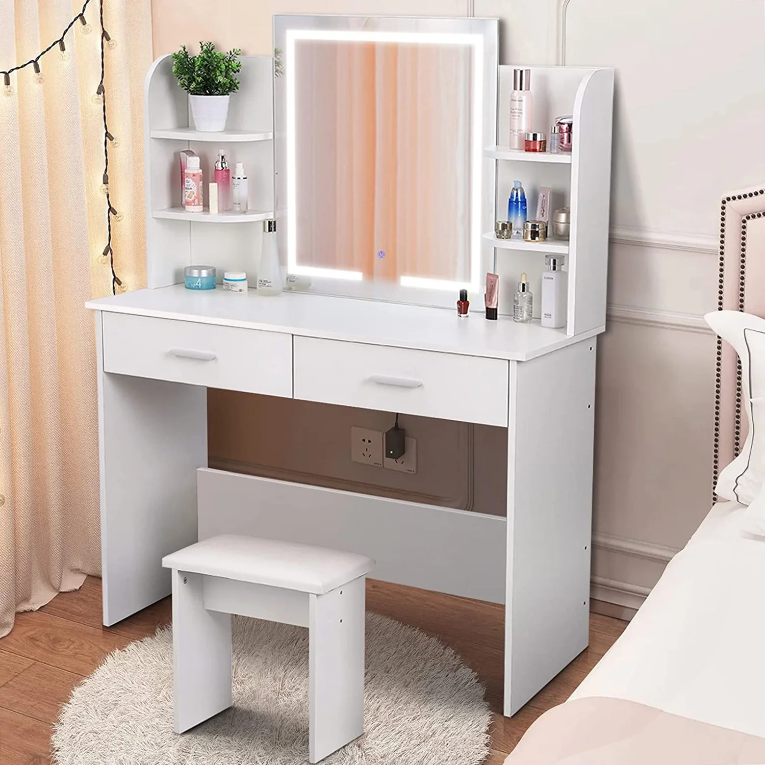 RichYa Modern Makeup Vanity Set with Lights Mirror and Drawers,White Makeup Desk,Dressing Table