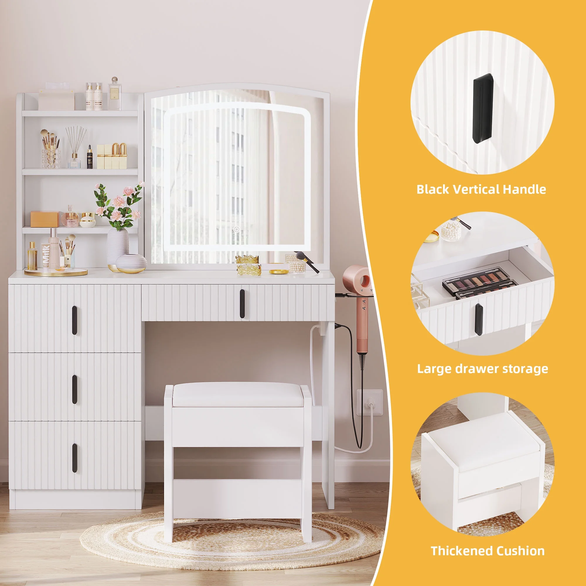 Dextrus Vanity Table Set with LED Lighted Mirror & Stool, Dressing Table with Sliding Mirror & Charging Station , Makeup Table with Storage Shelves & Drawers, White Vanity Desk for Bedroom, White