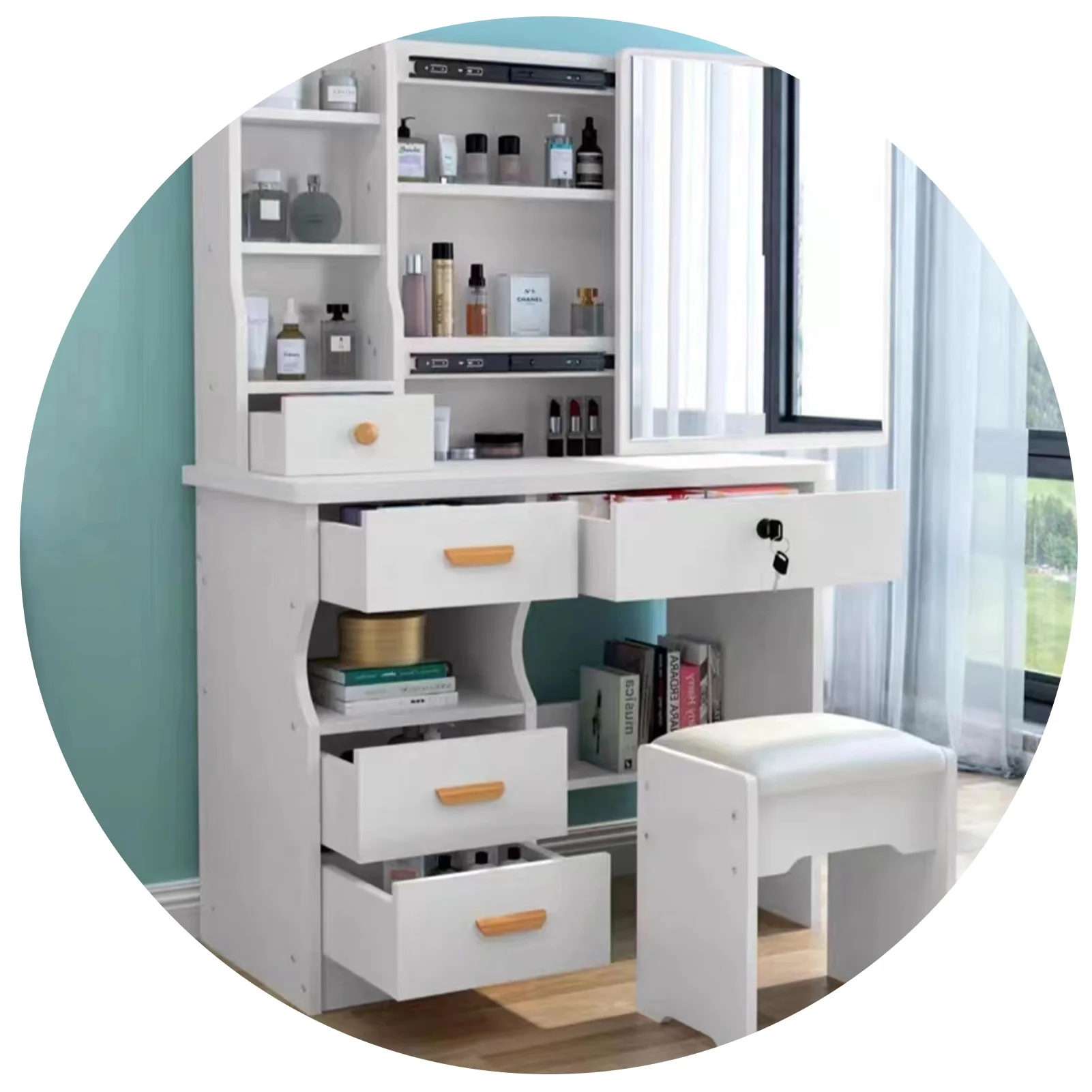 Biplut Vanity Desk with Sliding Mirror, Bedroom Dressing Table, Makeup Table with 5 Drawers & Shelves, Hidden Storage Space