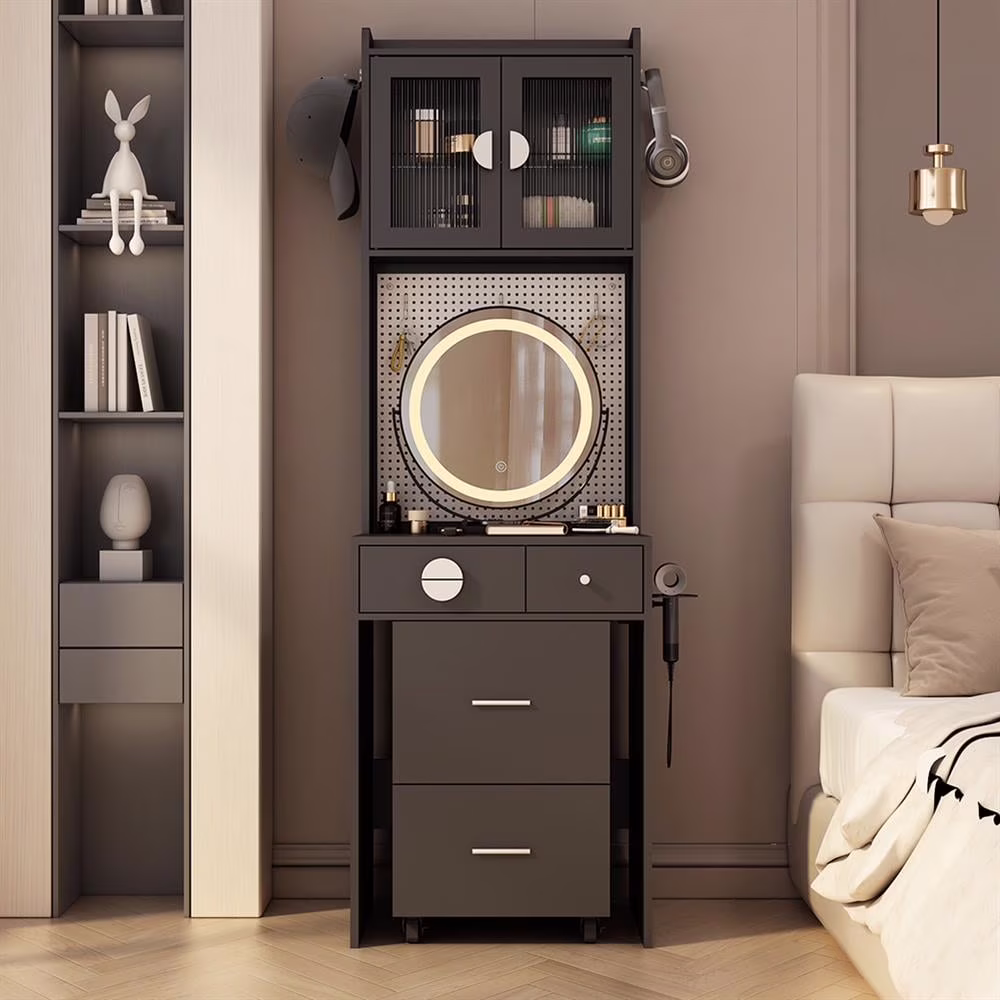 EDOEMSE Table & Chair Vanity Set, Vanity Set,Small Vanity Desk with Mirror and LED Lights, Makeup Table with Charging Station and drawers,Gray