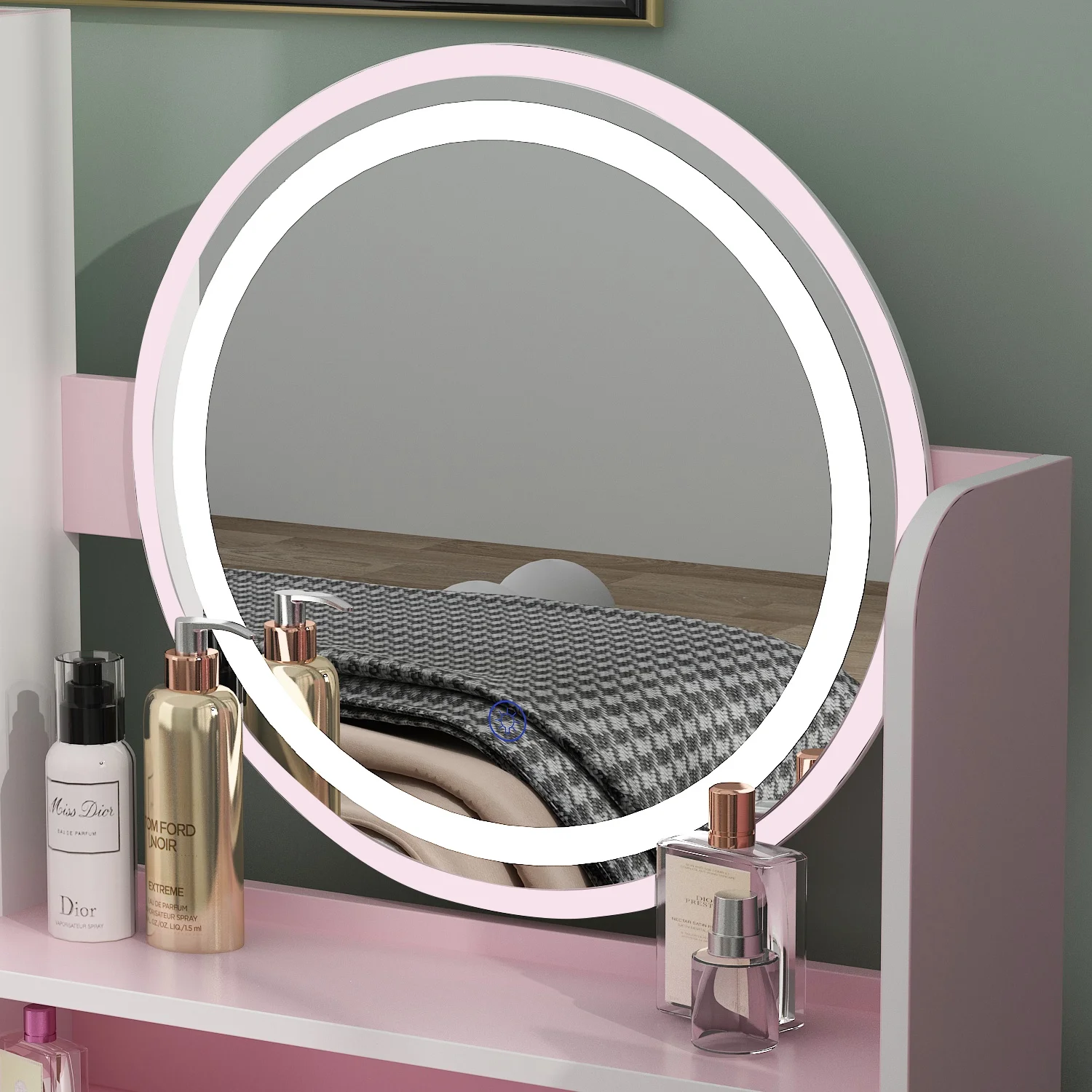 OXYLIFE Makeup Vanity Desk Table with Sliding LED Lighted Mirror, Cushion Stool, 4 Drawers and Shelves, White+Gray