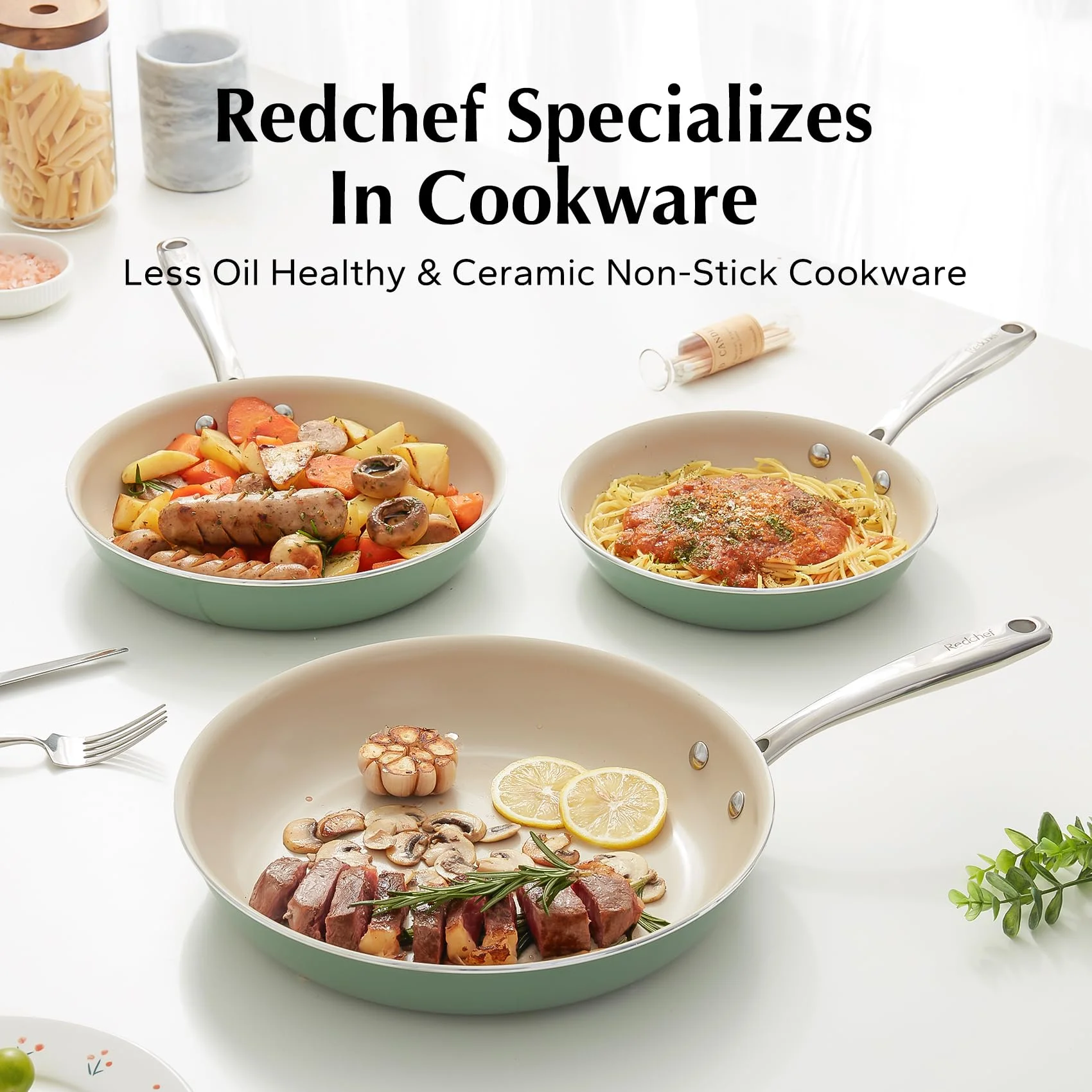 Redchef Non Stick Ceramic Frying Pan Set Ceramic Pans for Cooking Stainless Steel Handle