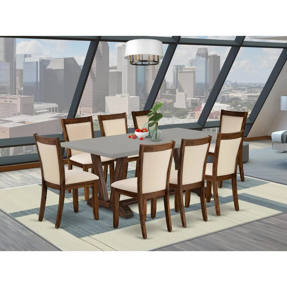 V797MZN32-9 Dining Table and 8 Light Beige Chairs - Distressed Jacobean Finish