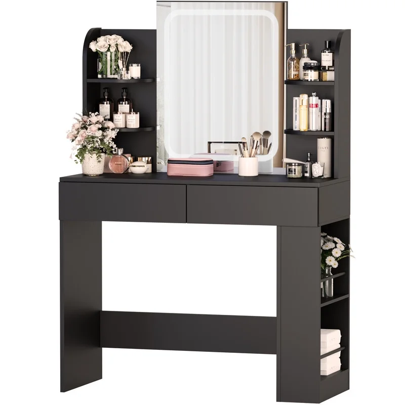 Furmax Makeup Vanity Desk with LED Lighted Mirror Vanity Table with Drawers, Shelves & Side Storage for Bedroom, White
