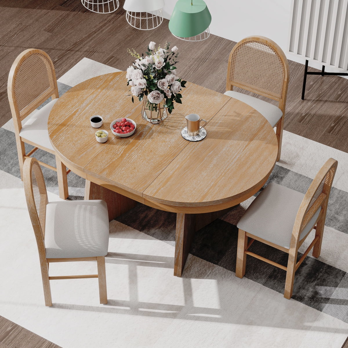 5-Piece Extendable Dining Table Set for 4 People, Solid Wood Kitchen Table Set with 4 Upholstered Chairs and Rattan Backrests for Dining Room and Kitchen, Natural