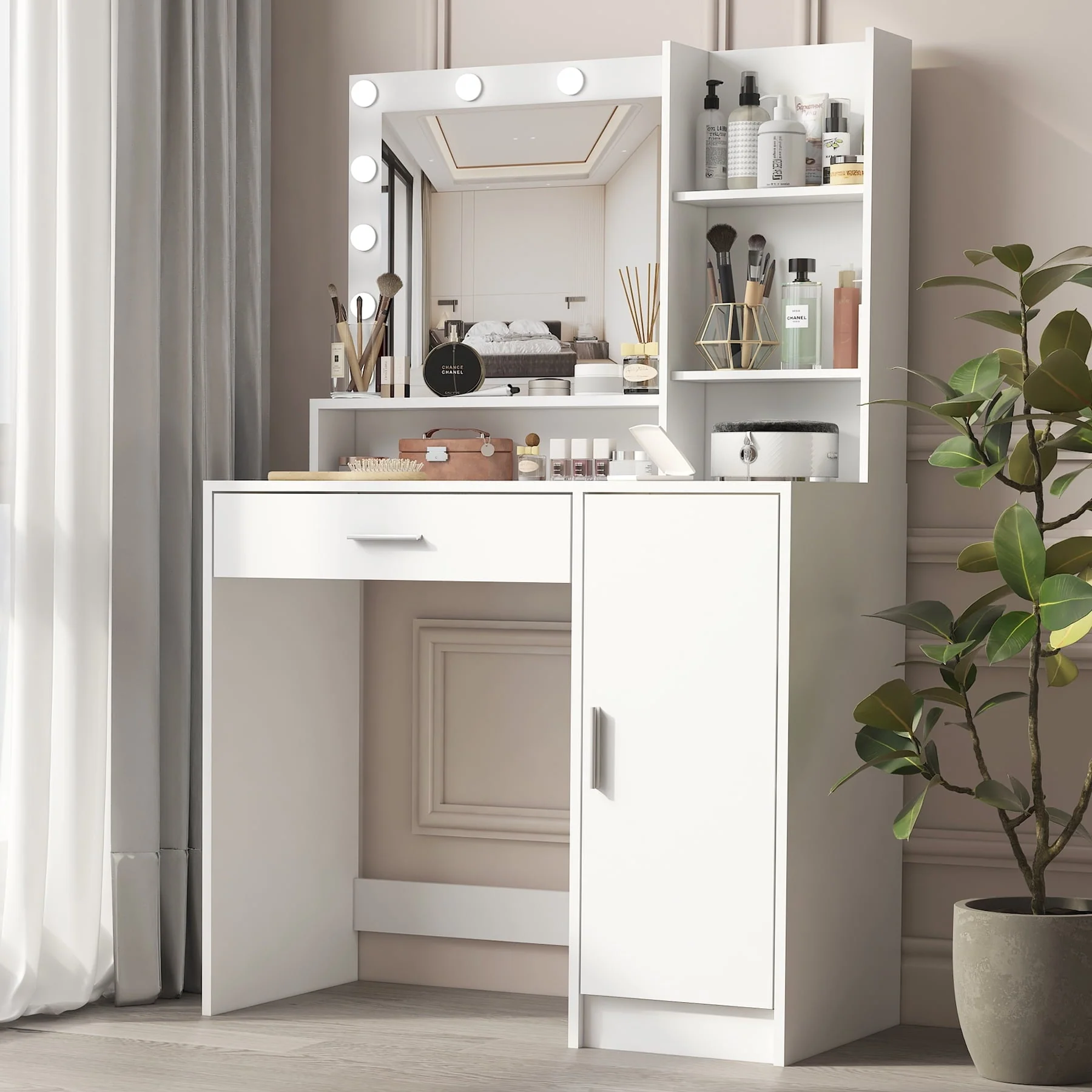 Palimder Vanity Desk, Large Drawer & 3 Level Storage Dresser, Bedroom Dressing Table White