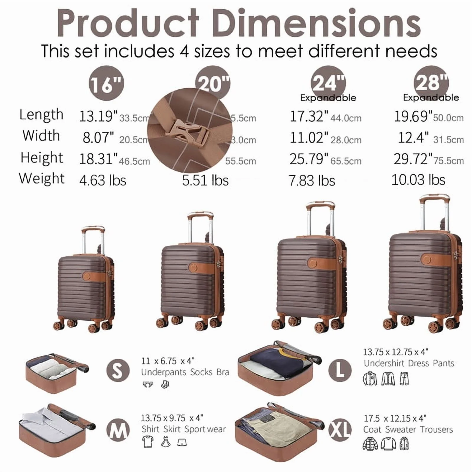 EBQOSK 4PCS Carry On Expandable Luggage Set with 4 Packing Cubes, 16/24/26/28 Inch Three-layer ABS Composite Suitcases with TSA Lock & 360°Spinner Wheels for Family Travel, Expand 25% Space Brown