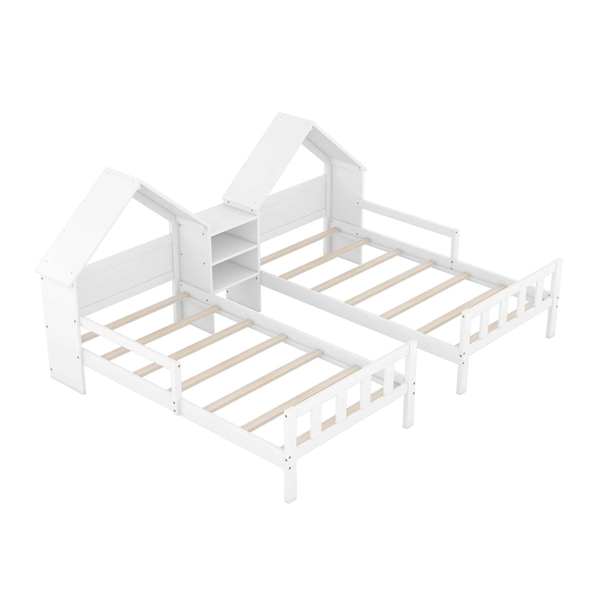 Euroco Twin Size Wood House Platform Bed, Two Beds in One with Desk and Shelf, 2 Platform Beds for More Kids Teens, Gray