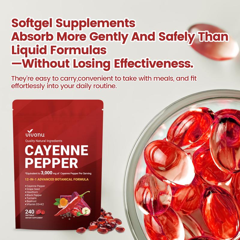 Holiday Haul Cayenne Pepper Softgels Supplement, Supports Leg Vein, Heart and Blood Vessel Health, with Vitamin E D3+K2 and Extracts of Grape Seed, Hawthorn, Beetroot and Others (240 Softge /1 Bag)
