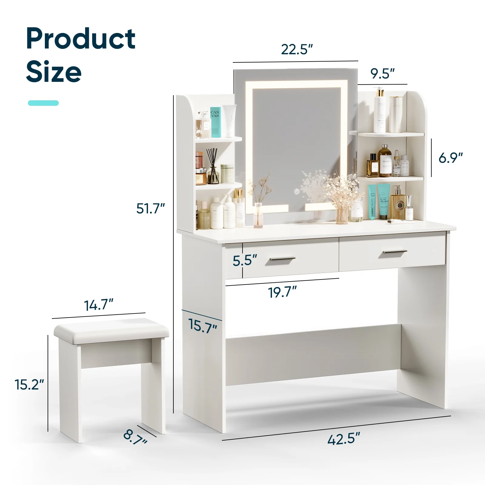 Vanity Desk with Chair, White Makeup Desk Set with Mirror & LED Lights, Vanity Table with Power Strip, 2 Drawers, 4 Shelves