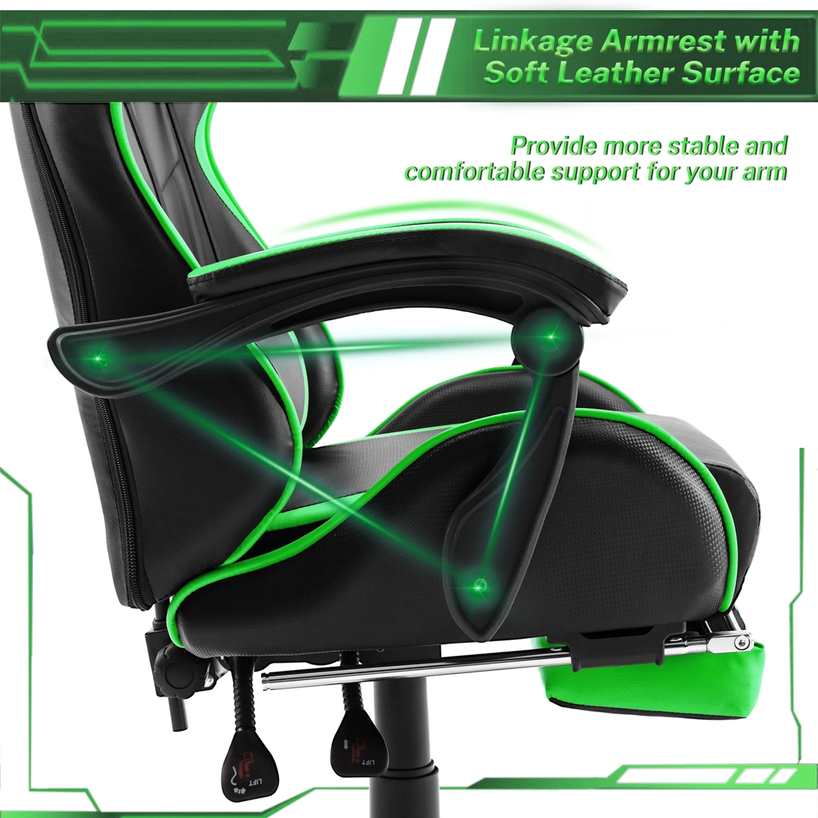 SOONTRANS Green Gaming Chair with Footrest, High Back Gamer Chair with Massage Lumbar Pillow, Gamer Computer Desk Chair (Green)
