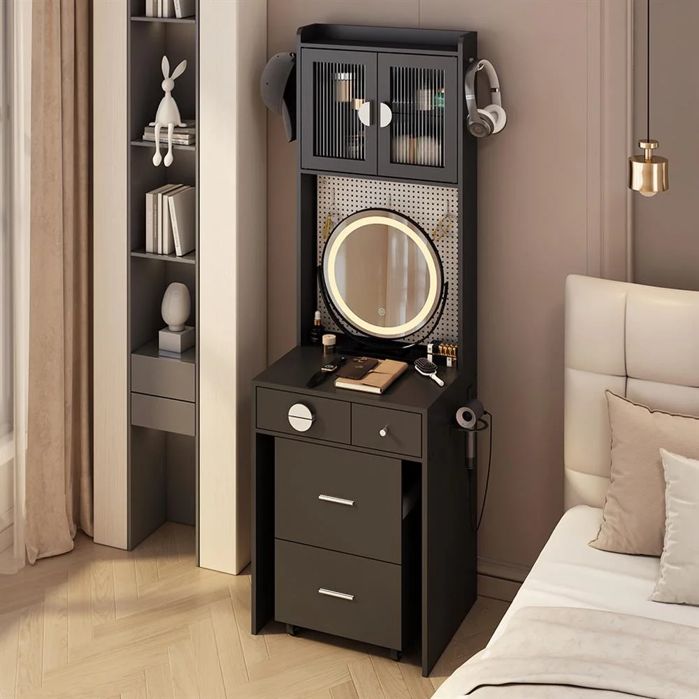 EDOEMSE Table & Chair Vanity Set, Vanity Set,Small Vanity Desk with Mirror and LED Lights, Makeup Table with Charging Station and drawers,Gray