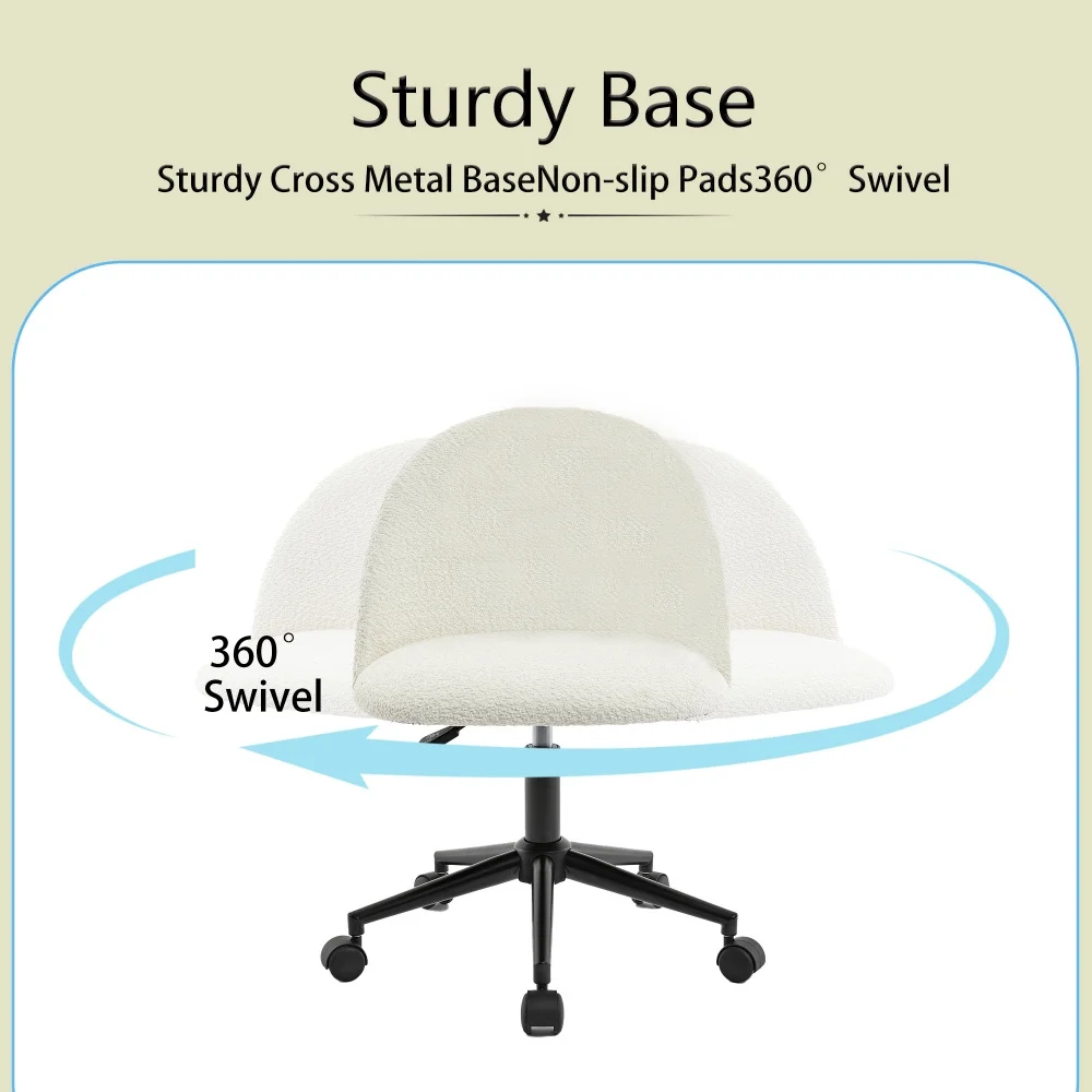 Modern Upholstered Desk Chair with Wheels, Mid-Back Adjustable Swivel Computer Chair with Black Legs, White