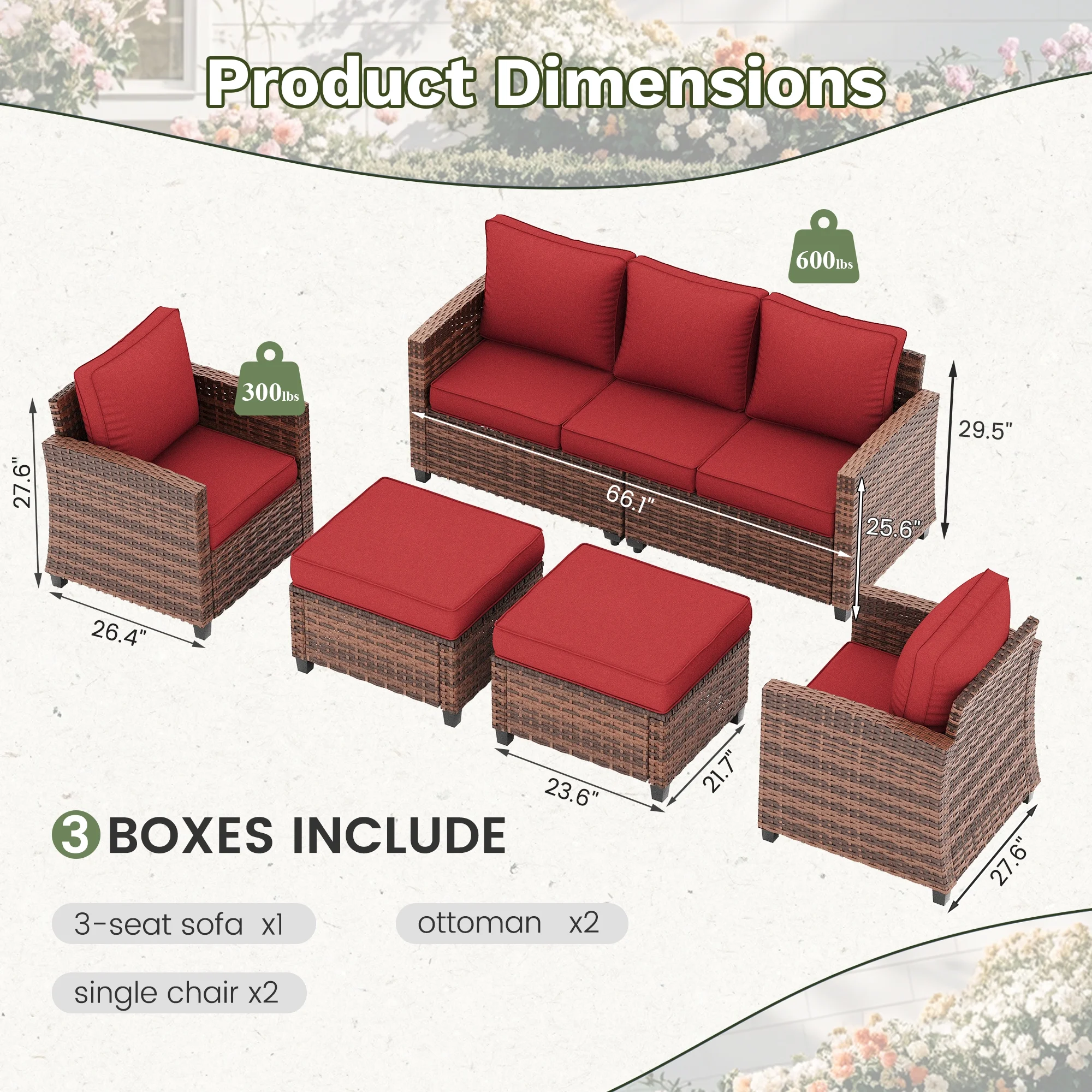 Poteban Patio Conversation Set, 5 Pieces Outdoor Furniture Set, All-Weather Wicker Rattan High Back Outdoor Sectional Sofa Set with Ottoman for Poolside, Backyard, Brown Wicker Wine Red Cushions