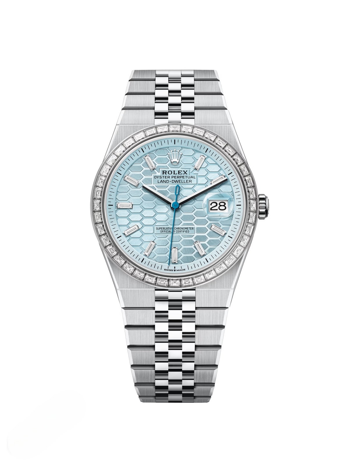 【Super Clone】RLX Land-Dweller 127386TBR-0001 Blue Honeycomb Dial Diamond Platinum Jubilee Bracelet 40mm