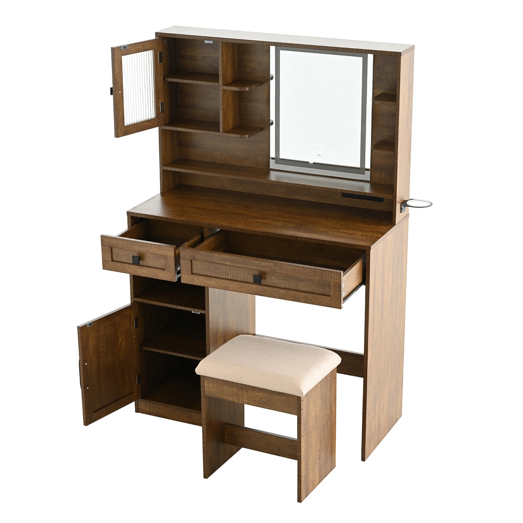Farmhouse Makeup Vanity Desk with Mirror and Lights,Dressing Table Set with Charging Station and Stool,Drawers,Shelves and Side Cabinet,White