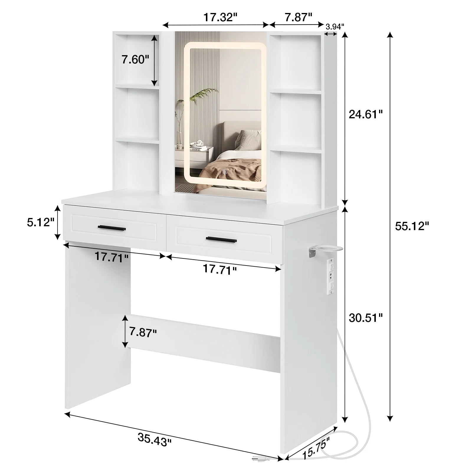 Hommpa Vanity, Makeup Vanity with LED Lighted Mirror Vanity Desk with Drawers Vanity Table with Charging Station for Girls Bedroom Storage Shelves, White