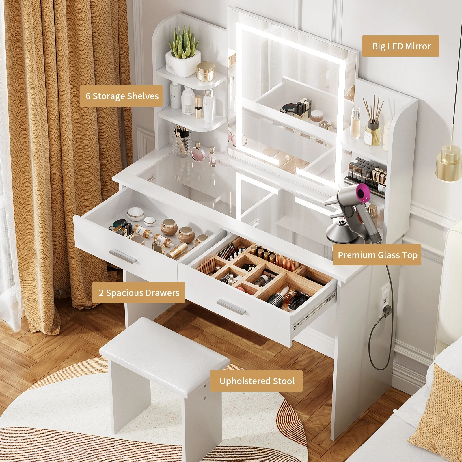 RichYa Modern Makeup Vanity Set with Lights Mirror and Drawers,White Makeup Desk,Dressing Table