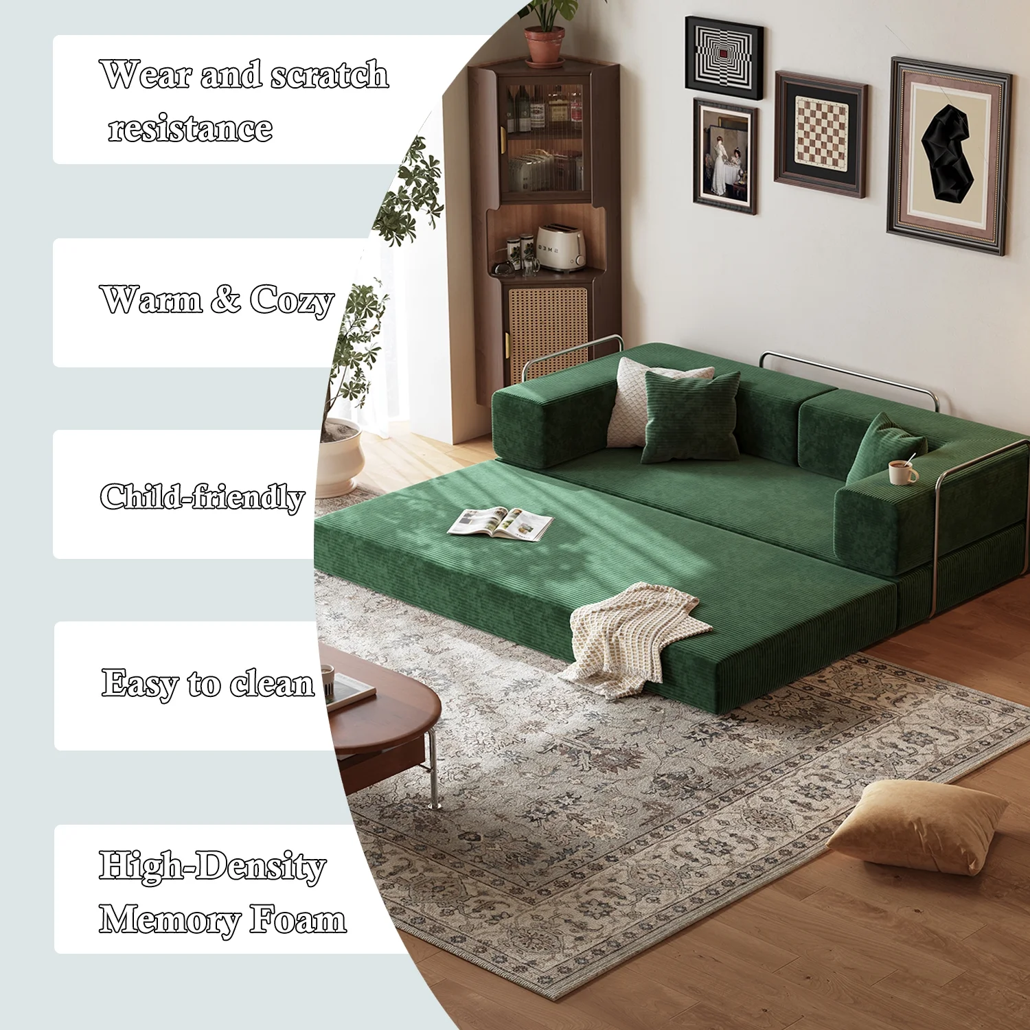 Lodeija 80.3in W Combination Sofa 4-in-1 High Rebound Density Sponge Convertible Sleeper Sofa Bed for Living Room, Bedroom,Green