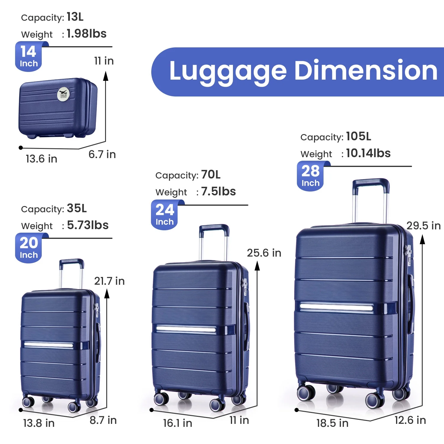4 Piece Luggage Set, Expandable Lightweight Suitcase Set, PP Materials Travel Luggage with TSA Lock Spinner Wheels, White (14/20/24/28)