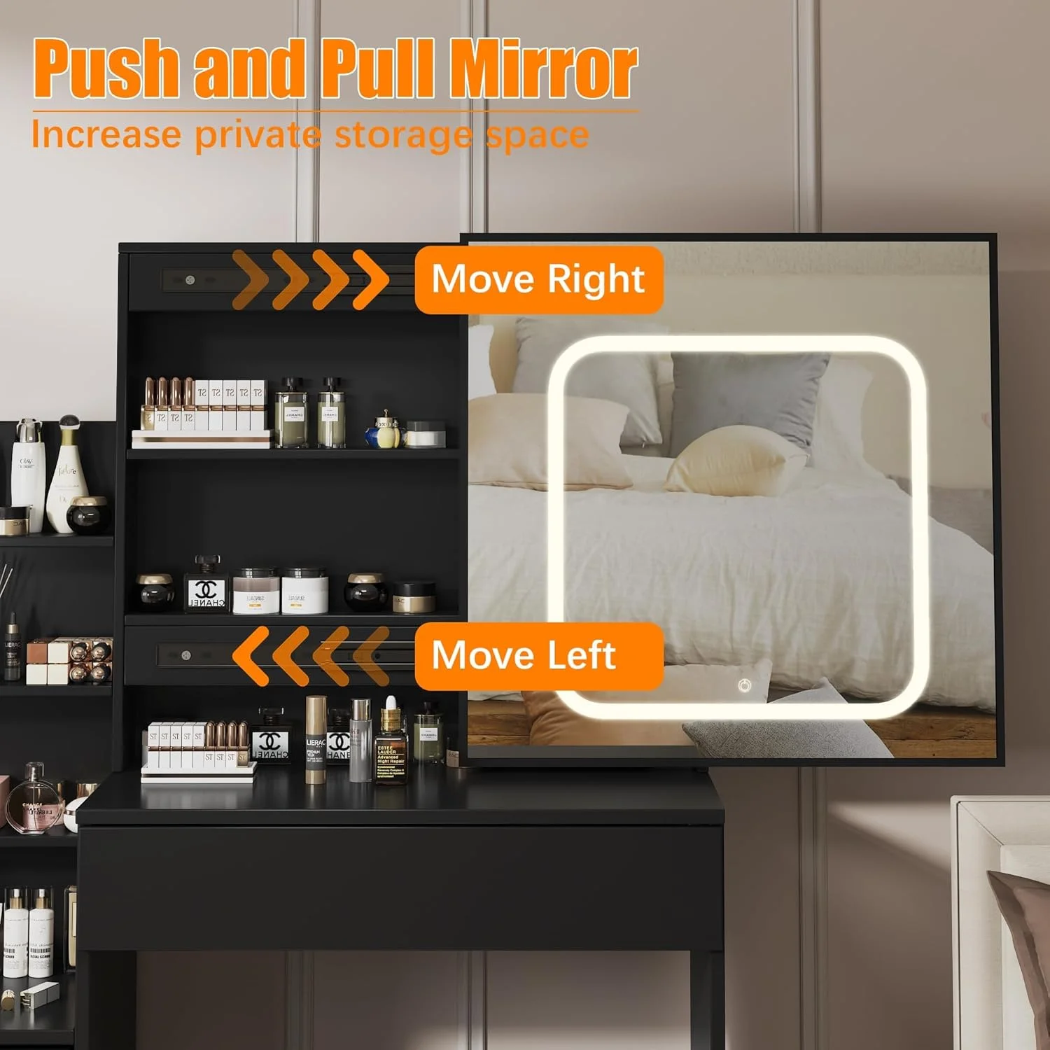 Vanity Desk with Sliding Mirror and Lights, Makeup Vanity Set with Power Outlet, 4 Drawers, Stool, Open Shelves, 3 Color Lighting Modes, Brightness Adjustable, Makeup Dressing Table for Bedroom