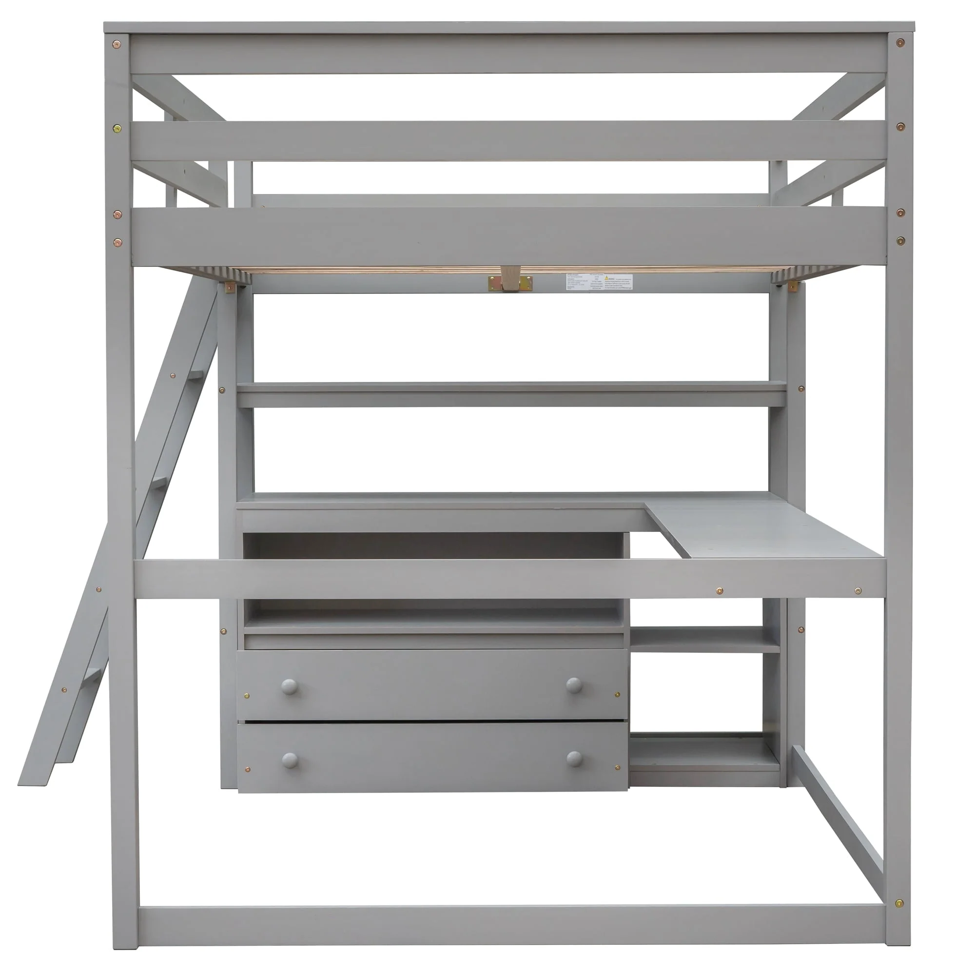Euroco Full Size Wood Loft Bed with Desk, Shelves and Cabinets for Kids Room, Incline Ladder and 3 Drawers, Gray