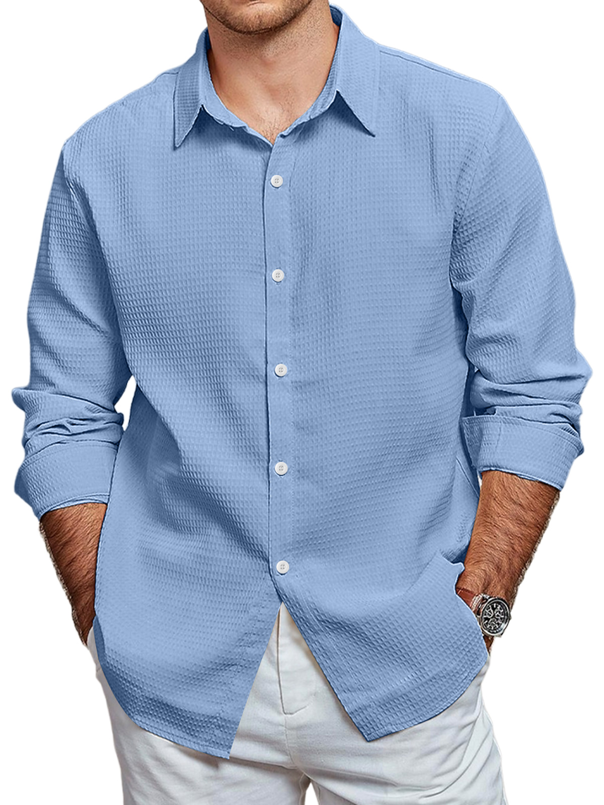 Men's Casual Waffle Solid Color Long Sleeve Shirt