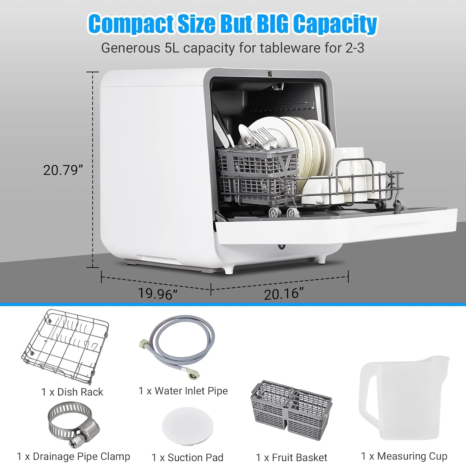 M optimized Portable Dishwasher Countertop, 6 Washing Programs Tabletop Dishwasher with 5L Built-In Water Tank, Air-Dry Function, LED Display & Touch Control, Dual Spray Rinsing