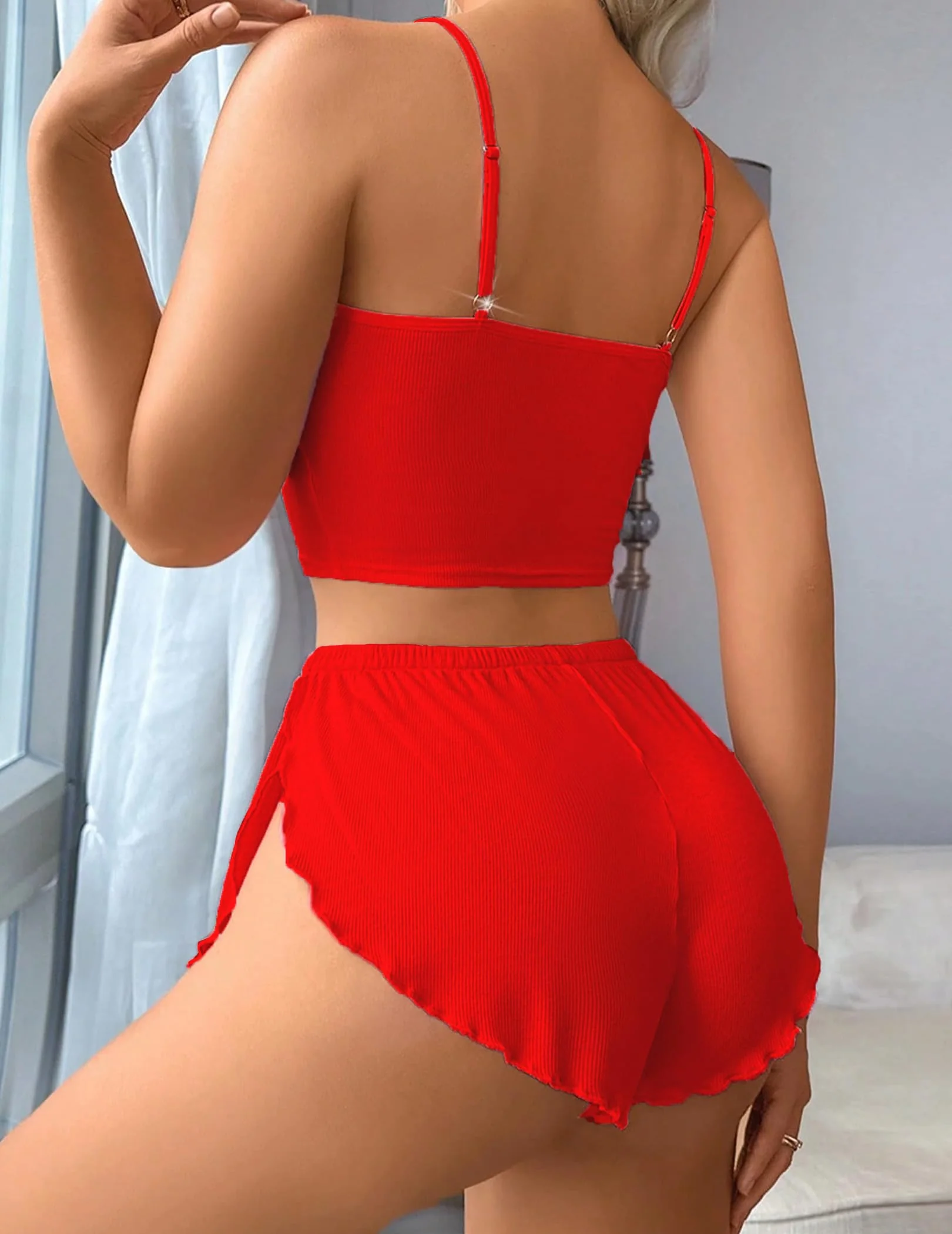 Avidlove Women's Pajama Sets 2 Piece PJ Sets for Women Sleepwear Ribbed Pajama Side Slit Nightwear Lingerie Red X-Large