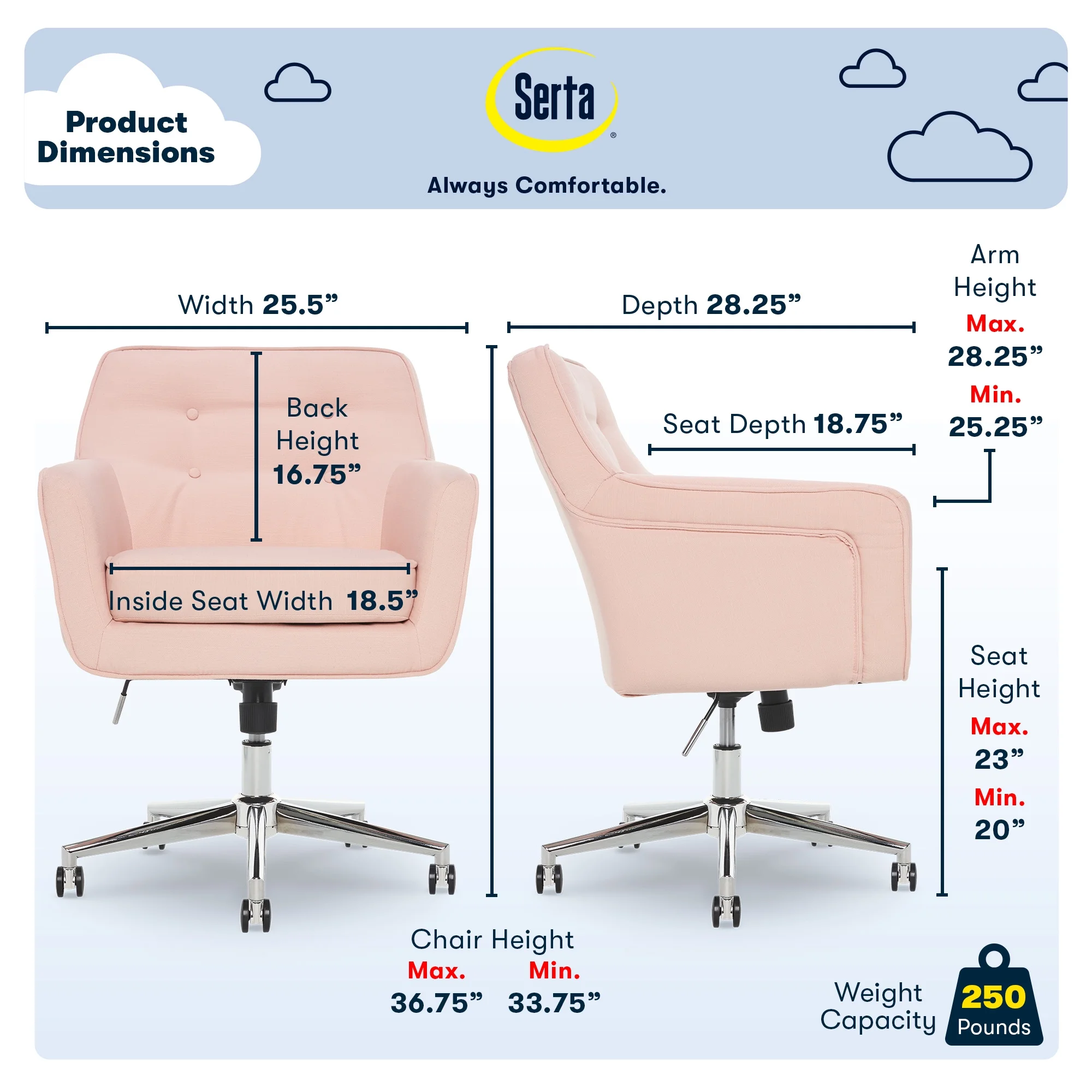 Serta Ashland Office Desk Chair, Button Tufted Mid-Back, Memory Foam Cushion, Chrome Swivel Base, Charcoal