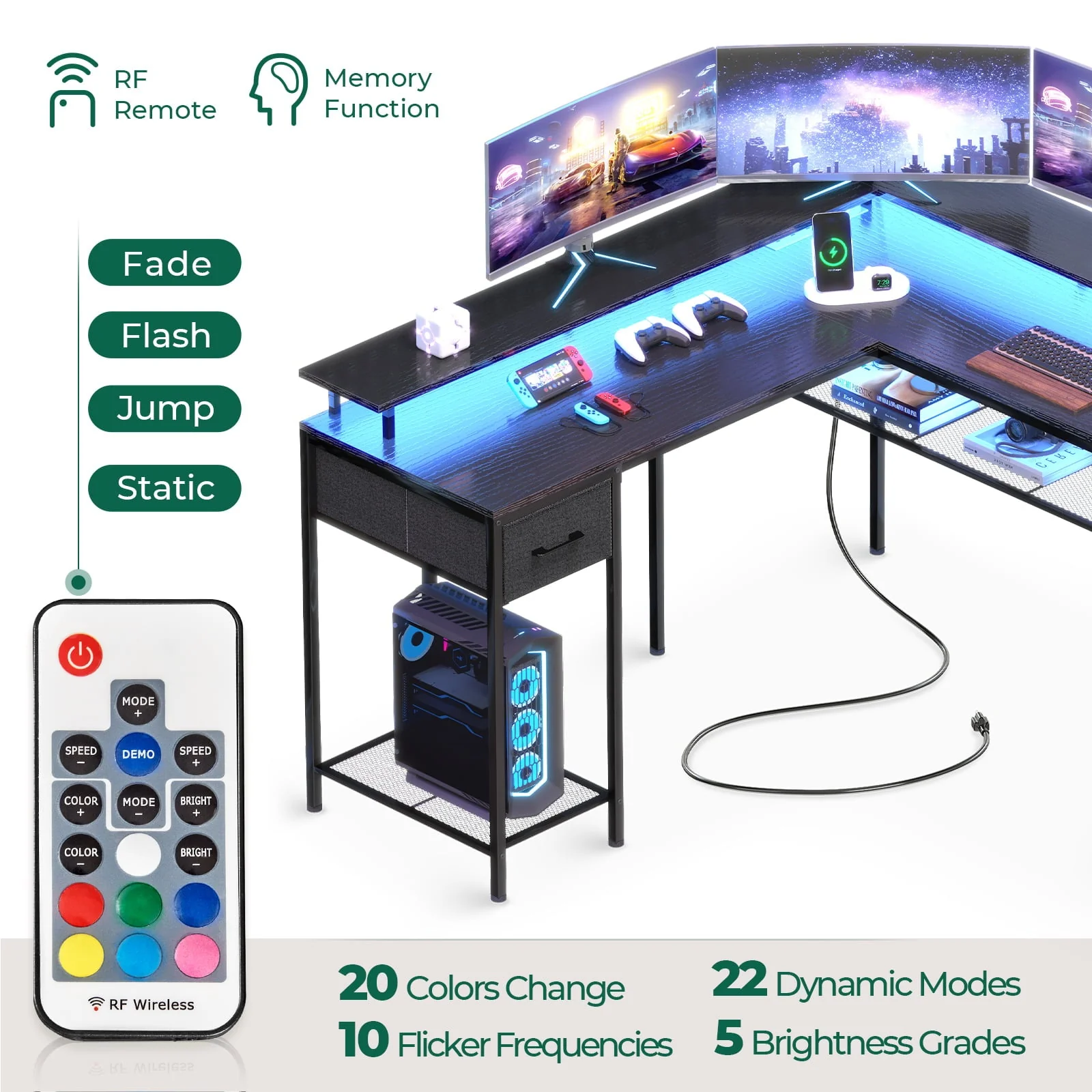 Huuger Gaming Desk with LED Lights & Power Outlets, L Shaped Desk Computer Desk with Storage Shelves, Fabric Drawer, Monitor Stand, Home Office Desk, Corner Desk, Black