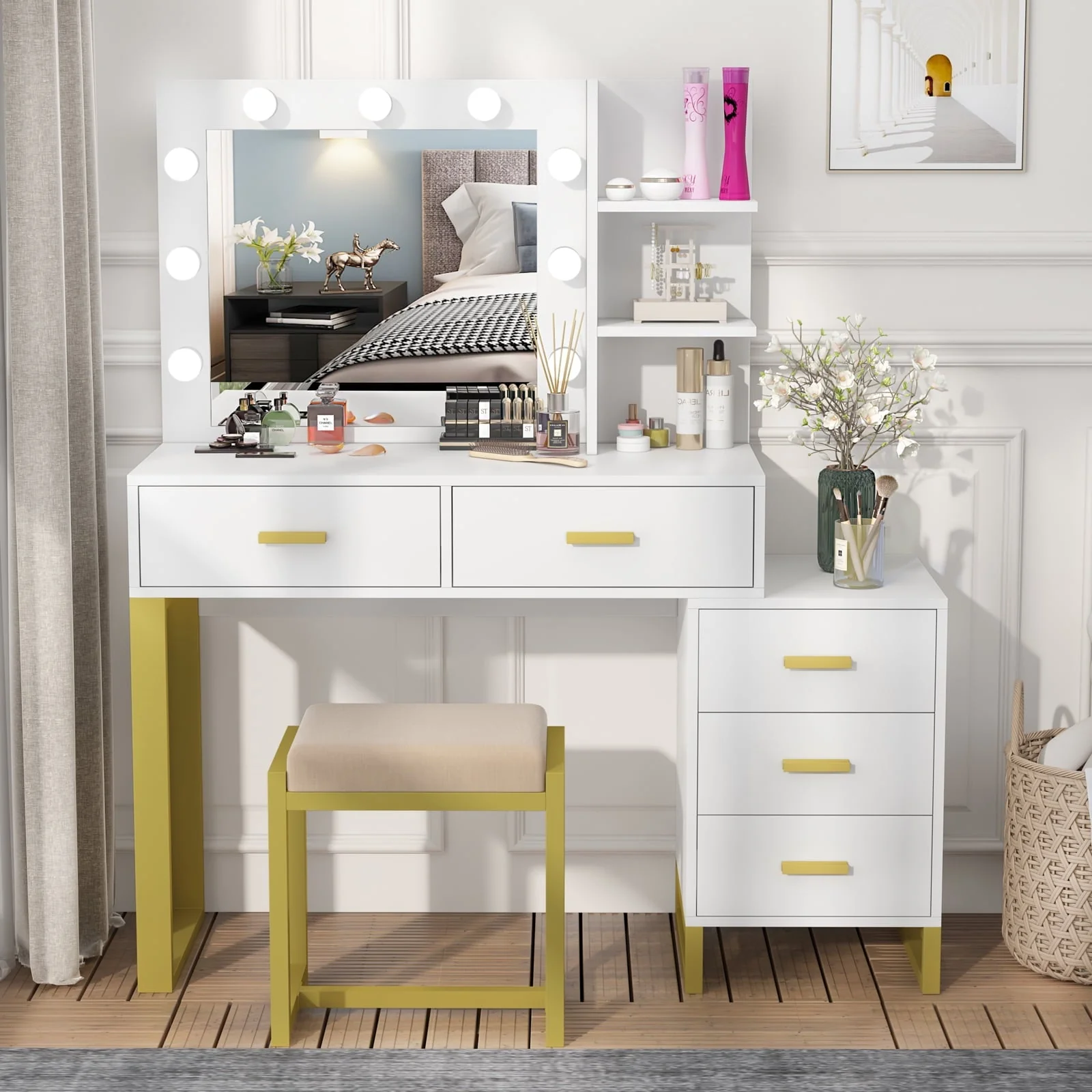 PAKASEPT Vanity Set with Lighted Mirror, Large Vanity Desk Makeup Vanity Dressing Table with 9 LED Lights, 5 Drawers, Storage Shelves&Cushioned Stool for Bedroom