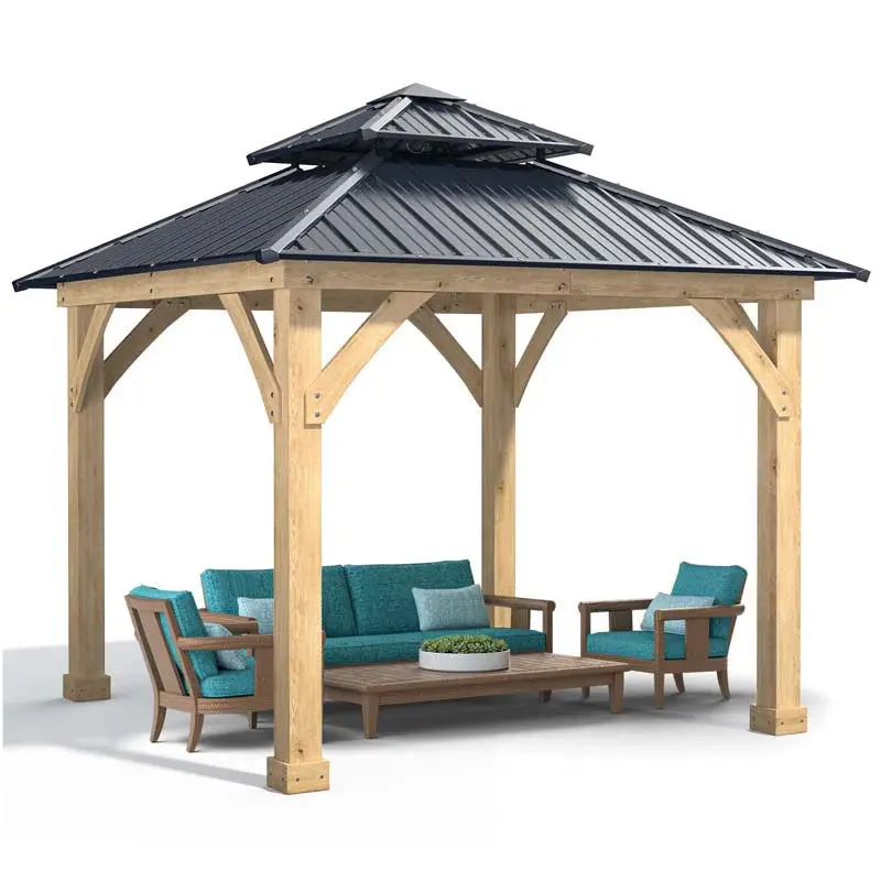 10×10 FT Hardtop Patio Gazebo – Weather-Resistant Wood-Framed Shelter with Dual-Tier Metal Roof & Ventilation Design
