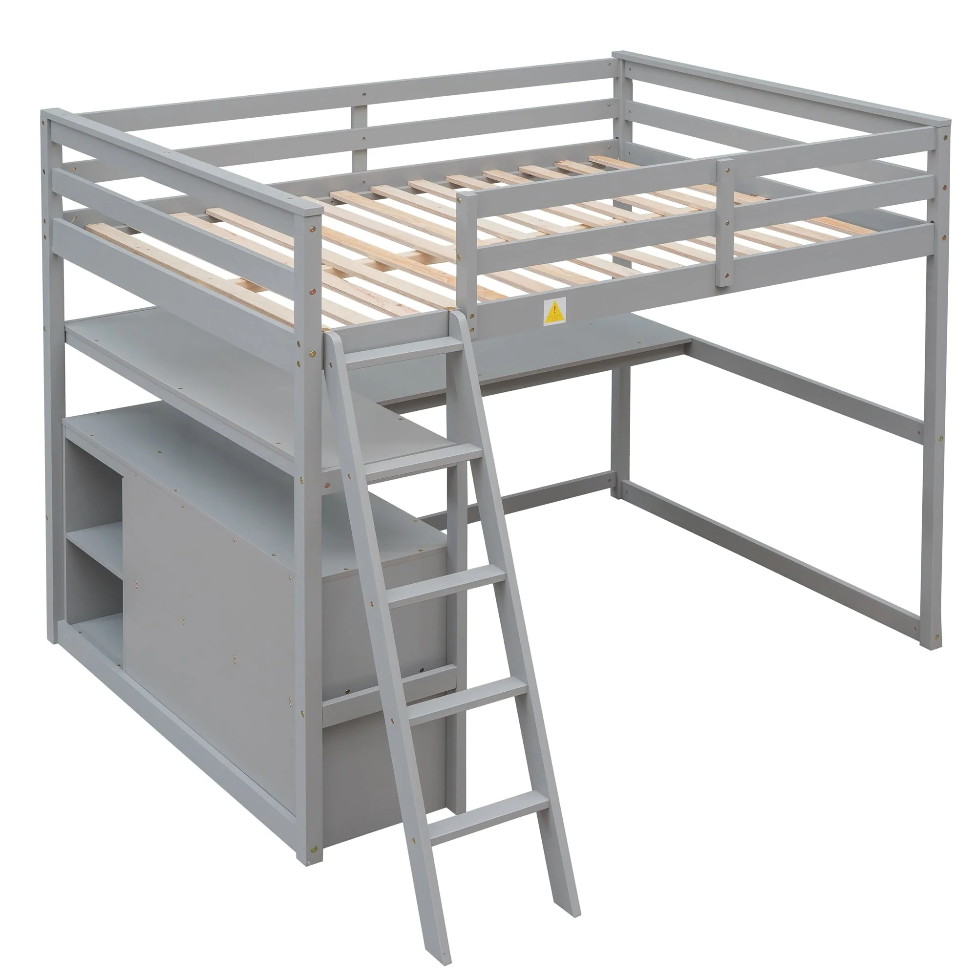 Euroco Full Size Wood Loft Bed with Desk, Shelves and Cabinets for Kids Room, Incline Ladder and 3 Drawers, Gray