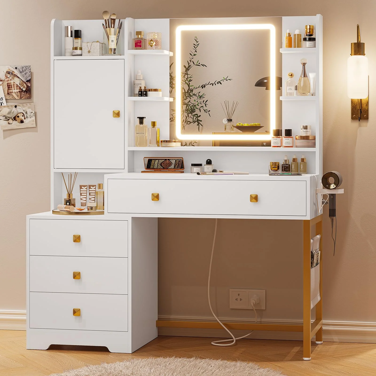 Aunfebrco White Vanity Desk Makeup Vanity Table with Mirror and Lights and Charging Station, Large Dressing Table with Storage Cabinet&6 Drawers&4 Storage Shelves for Bedroom