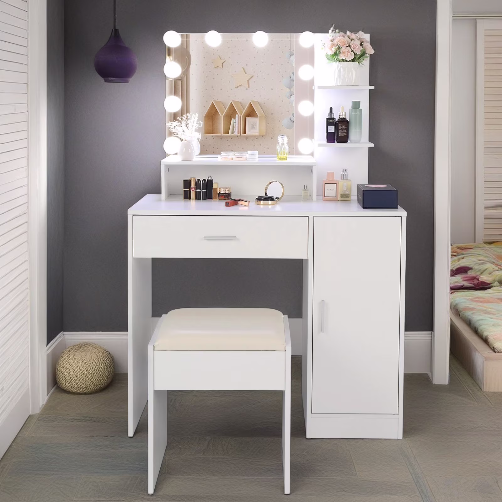 Resenkos Vanity Desk Set with Mirror and Lights for Makeup, 5 Drawers Storage Dresser for Bedroom, White