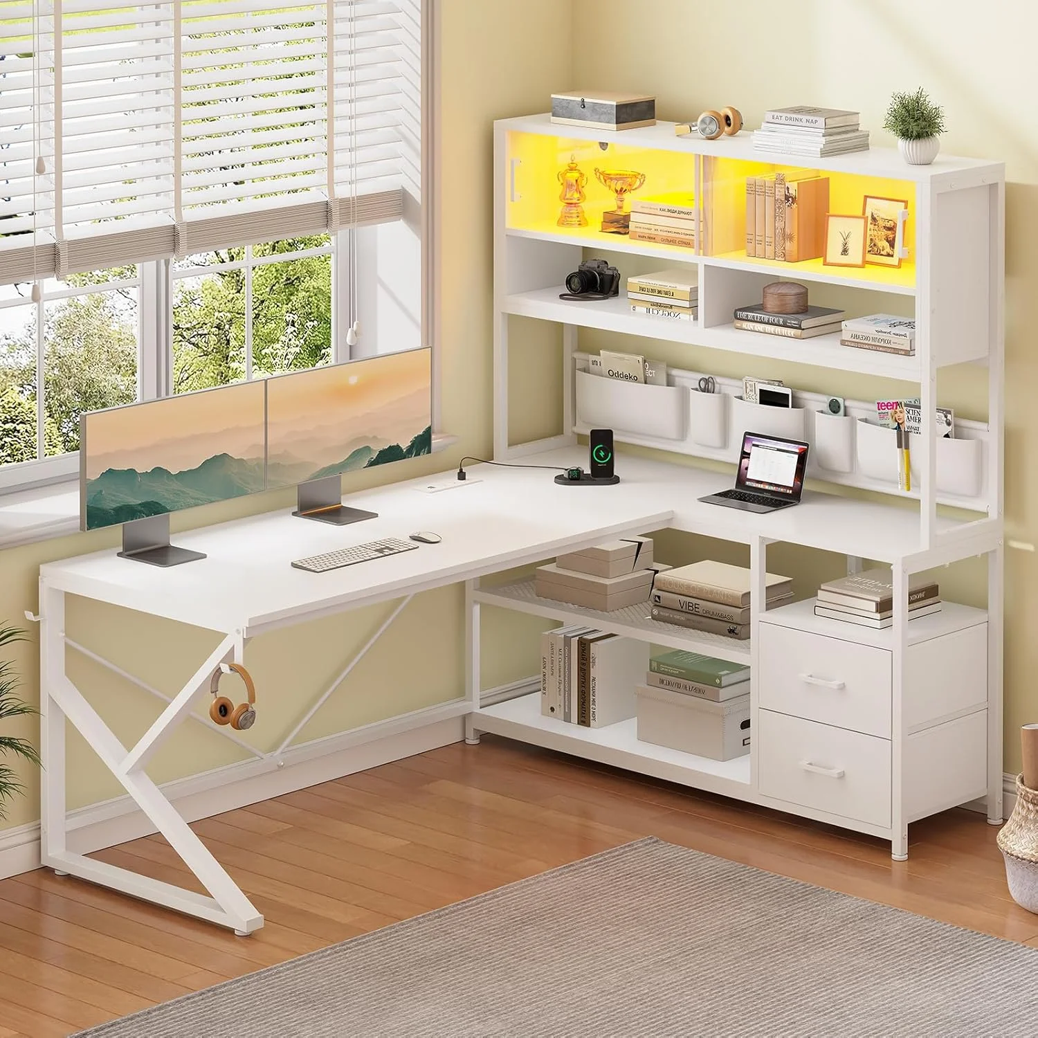 L Shaped Computer Desk with 2 Drawer and Bookshelf, L Shaped Gaming Desk with LED Light, Black