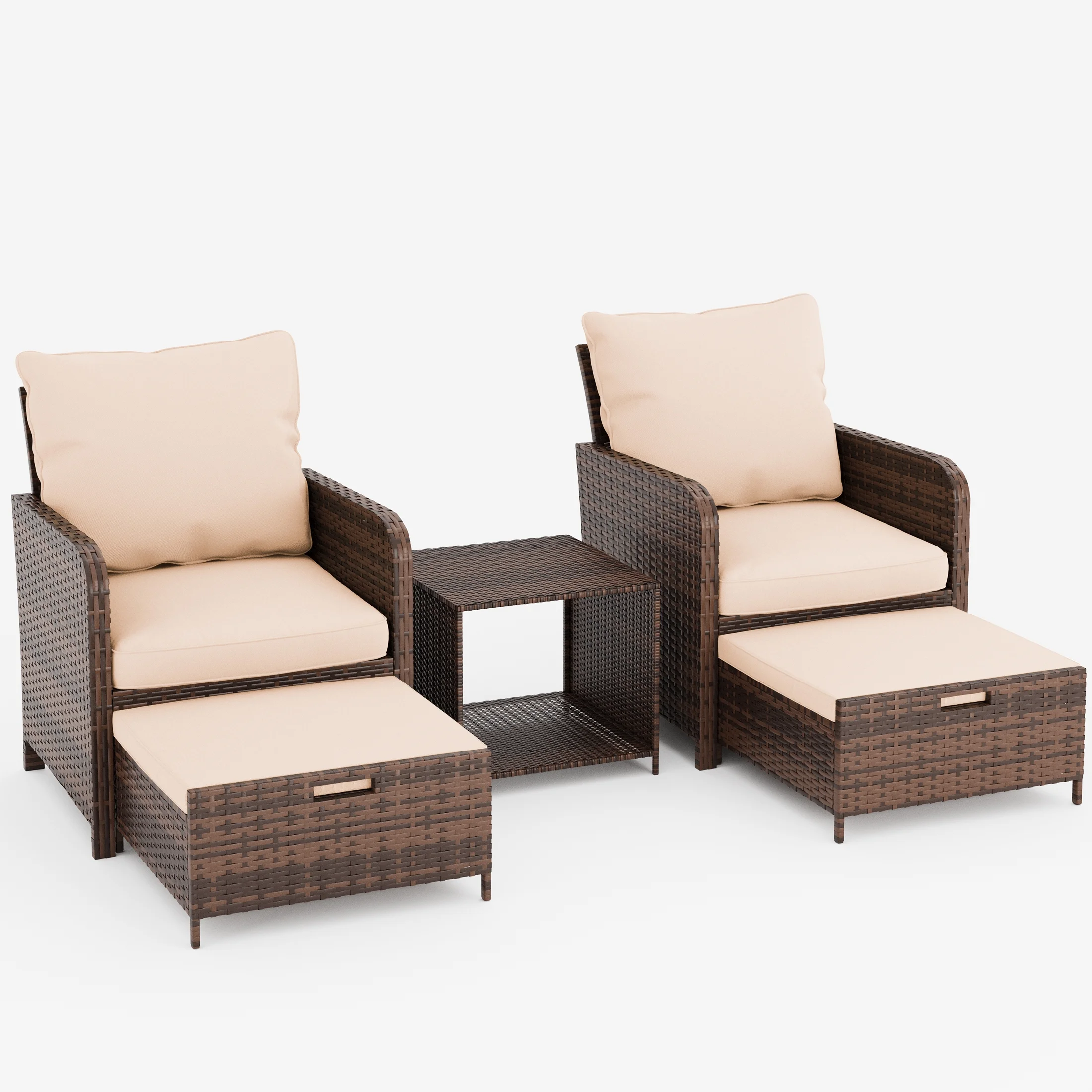 Poteban Balcony Furniture 5 Piece Patio Furniture Set, Outdoor Patio Chair with Ottoman for Front Porch Deck, Wicker Lounge Chair with Side Table, Grey