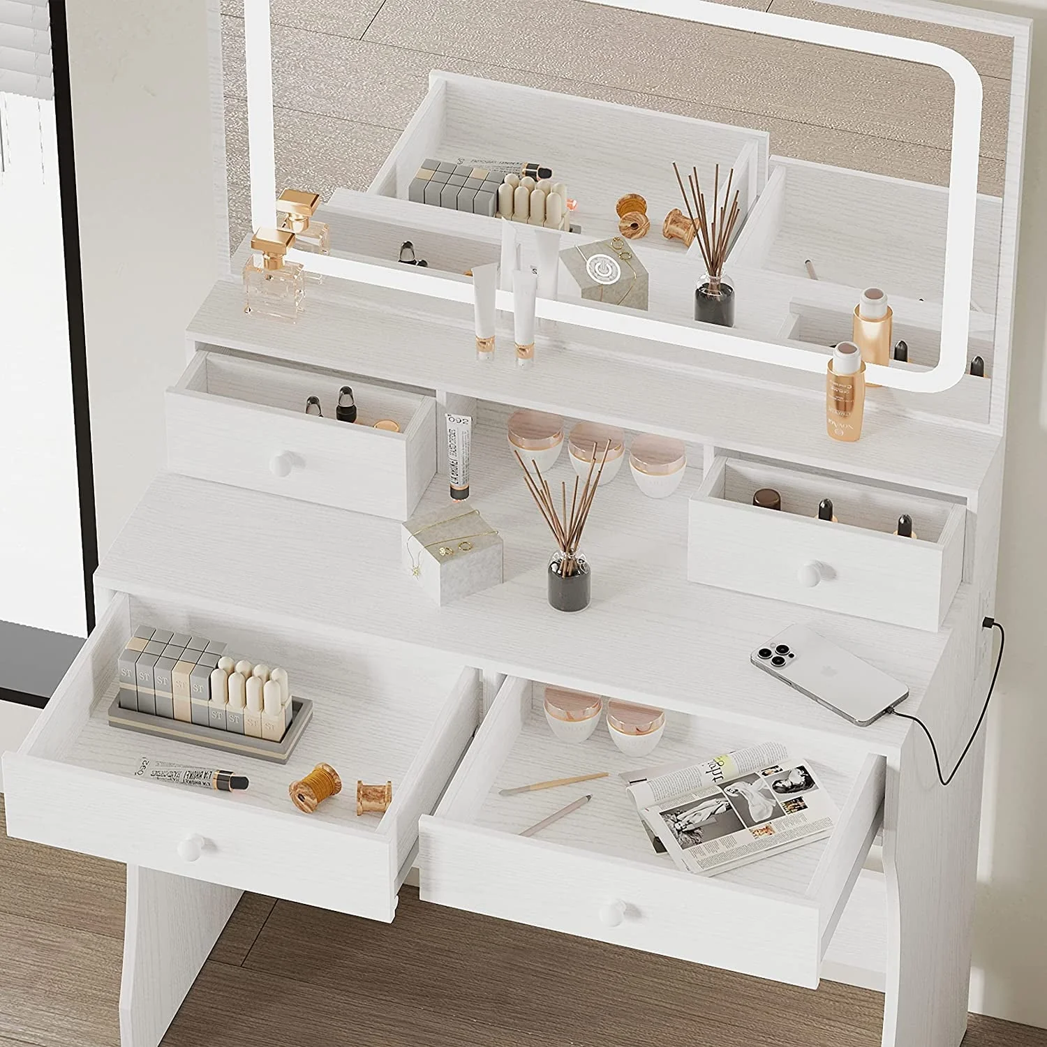 IRONCK Vanity Makeup Table Desk Set with LED Light Mirror & Power Outlet,  with 4 Drawers,Modern White