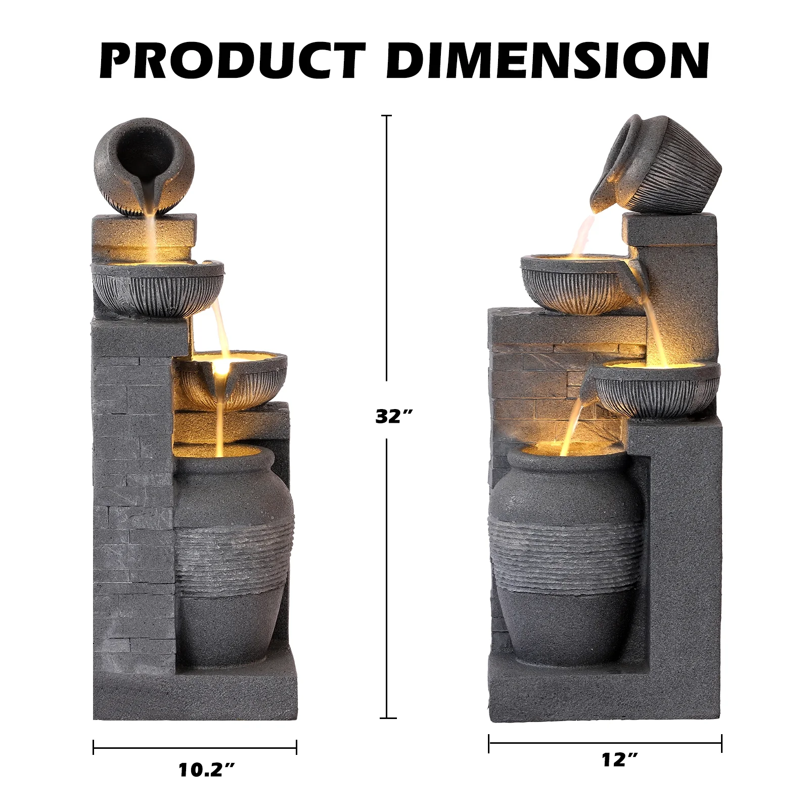 Magic Union Outdoor 4-Tiers Water Fountain, Garden Cascading Waterfalls Fountain with LED Lights, 32