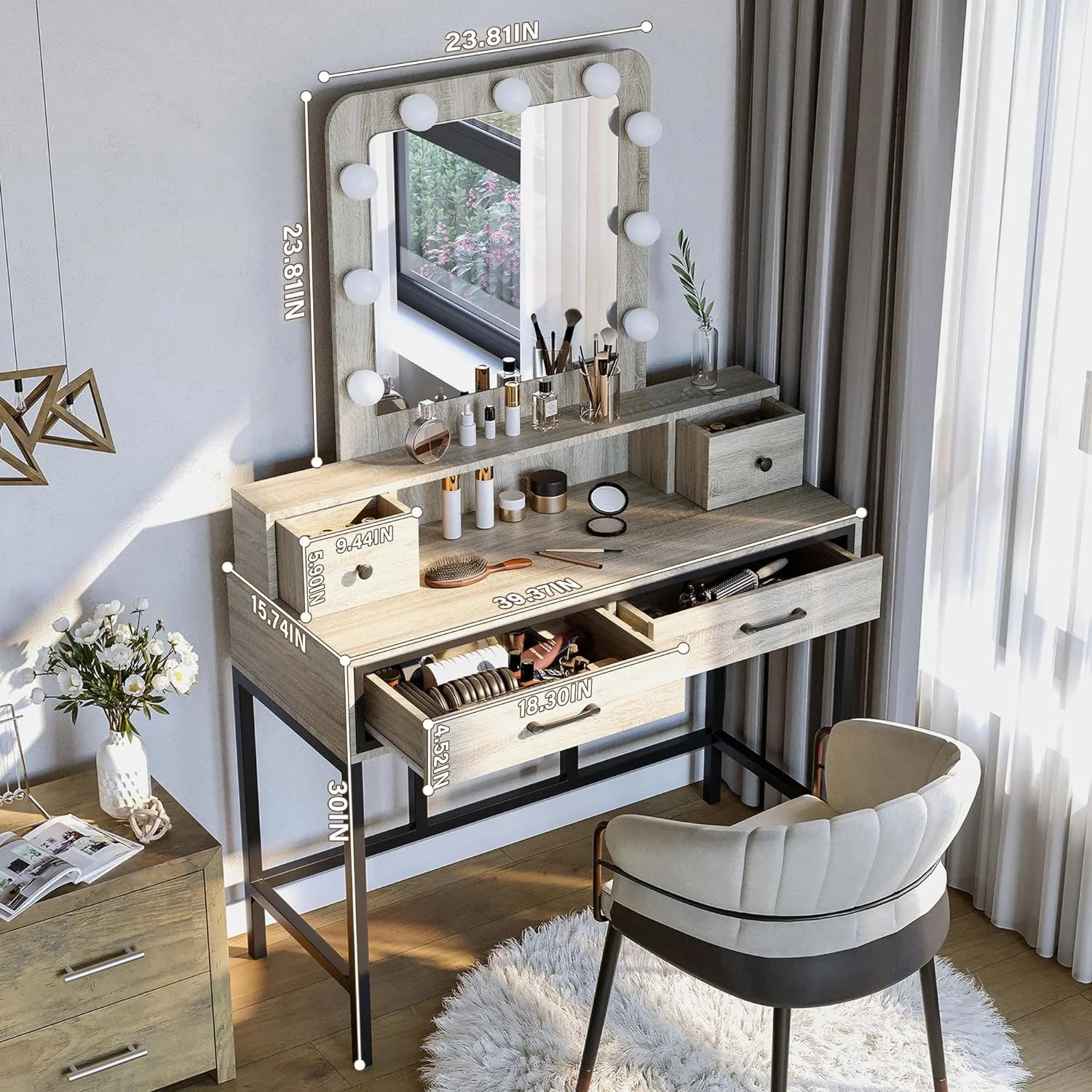 Heynemo Makeup Vanity with 3 Color Dimmable Lighted Hollywood Mirror, Vanity Table with 4 Drawers for Women Girls, Dressing Desk for Bedroom, Beauty Room, Brown