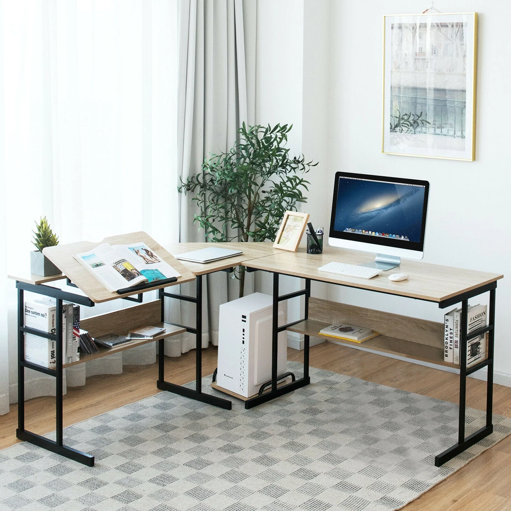 Gymax L-Shaped Computer Desk Drafting Table Workstation w/ Tiltable Tabletop Natural