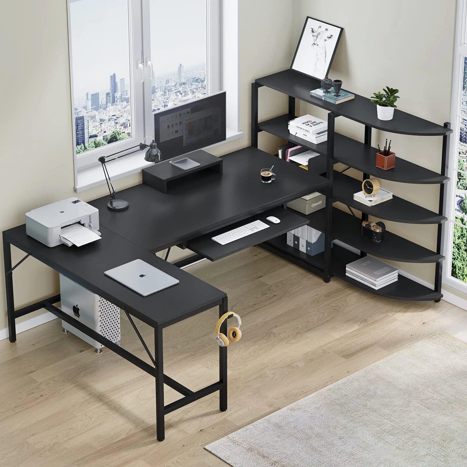 SEDETA  L Shaped Computer Desk, 63'' Corner Gaming Desk, Computer Desk with Storage Shelves, Keyboard Tray, Monitor Stand and Headphone Hook, Gaming Desk with LED Lights, Black