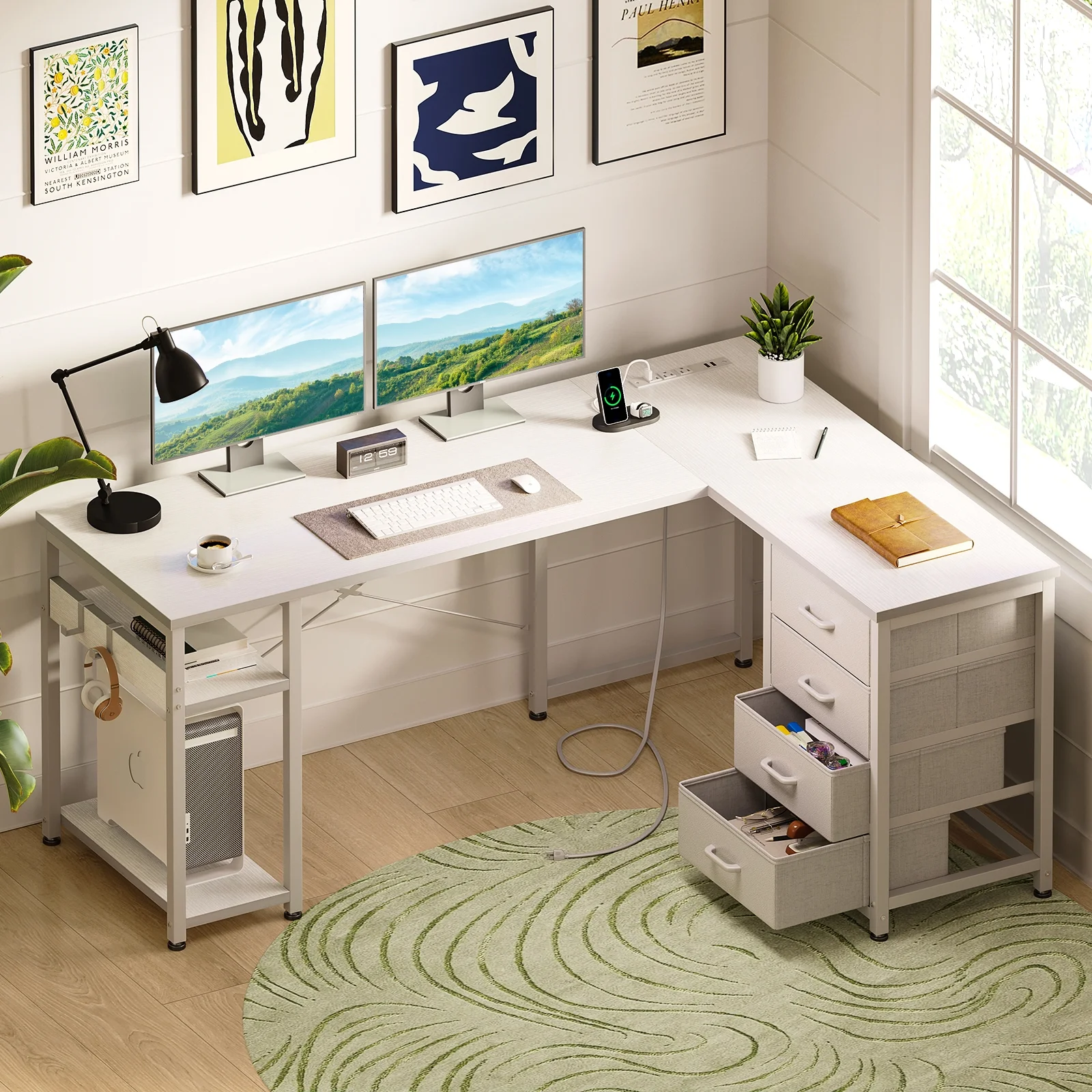 Reversible Modern Simple Style L Shaped Desk with Charging Station and Drawers, Pure Black